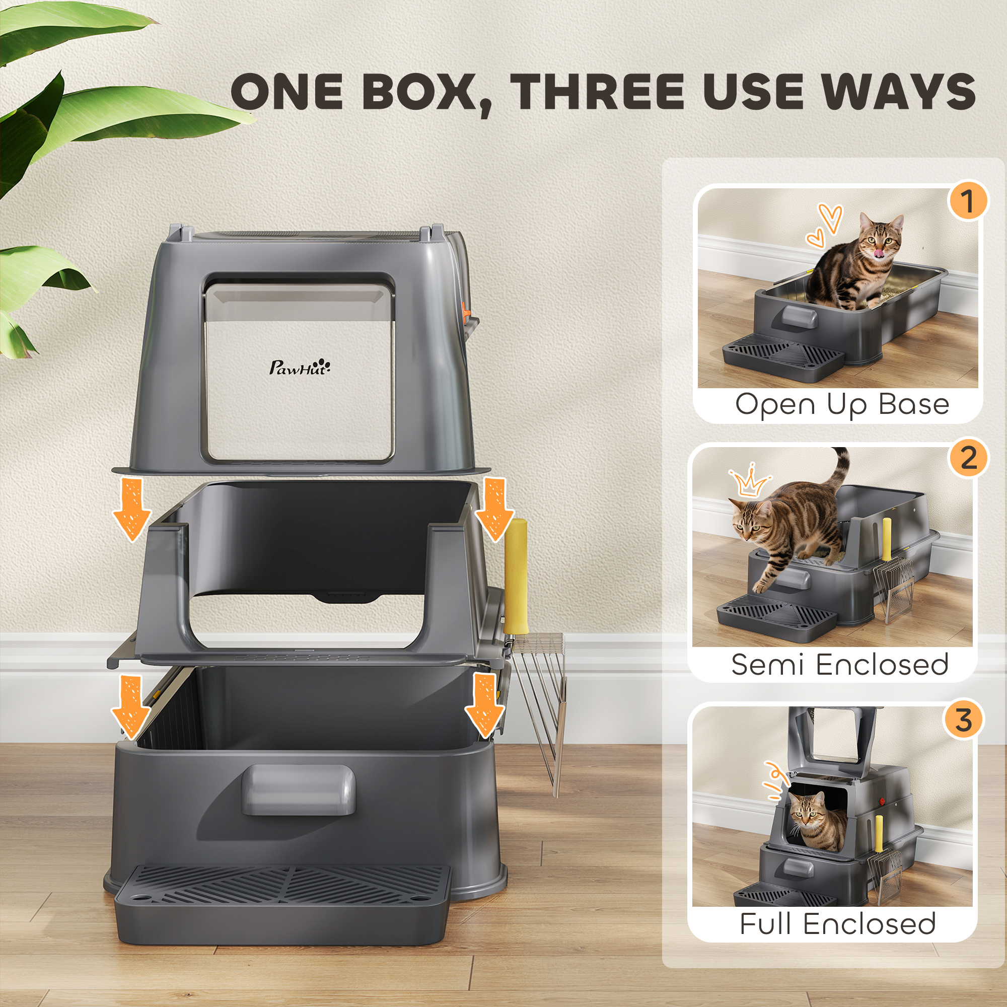80L XL Stainless Steel Cat Litter Box for Big Cats with Flip Cover, Pull-Out Drawer Tray, High Sided, Pedal, Dark Grey