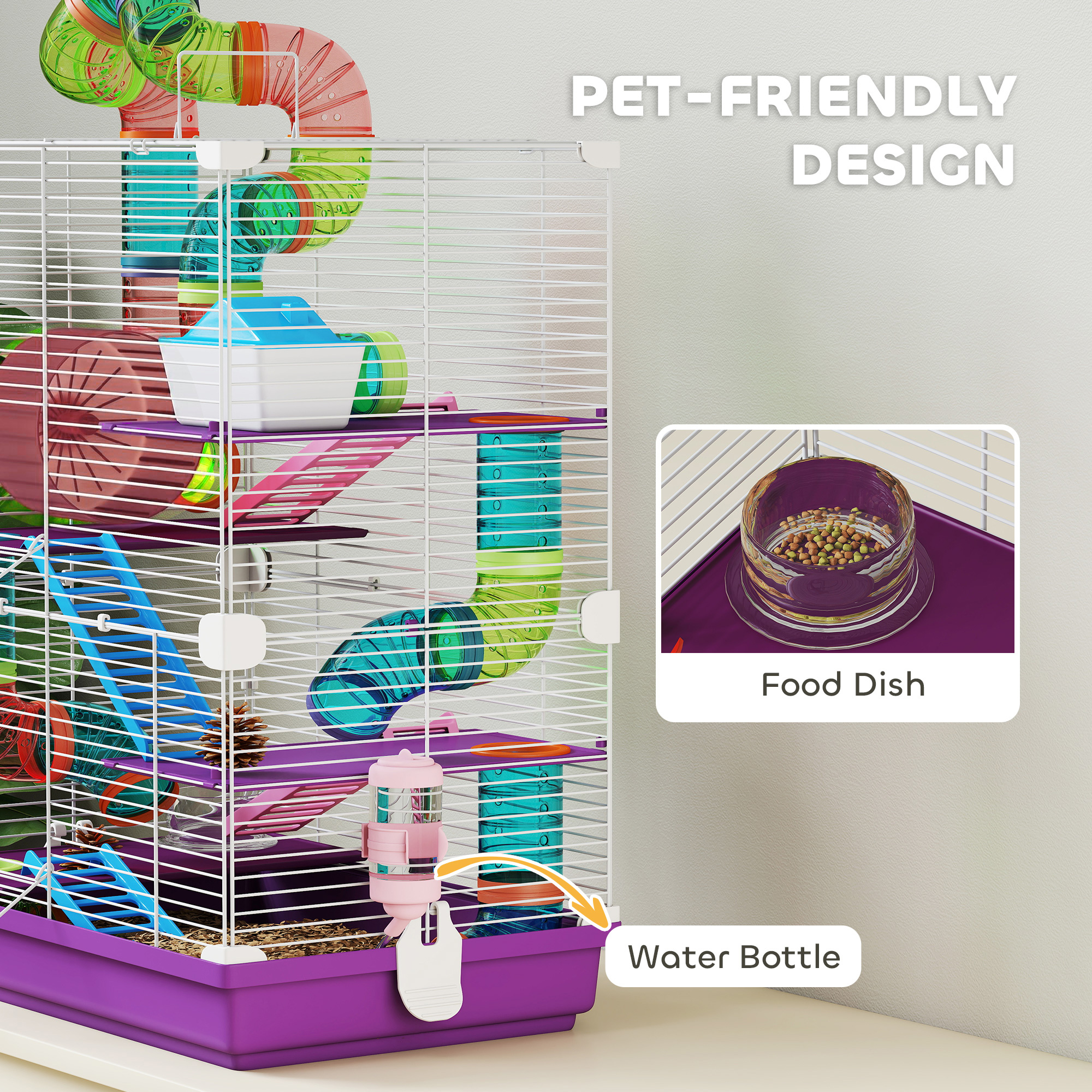 5 Tiers Hamster Cage Portable with Exercise Wheels Play Tube Water Bottle Dishes House Ladder for Gerbils, Purple