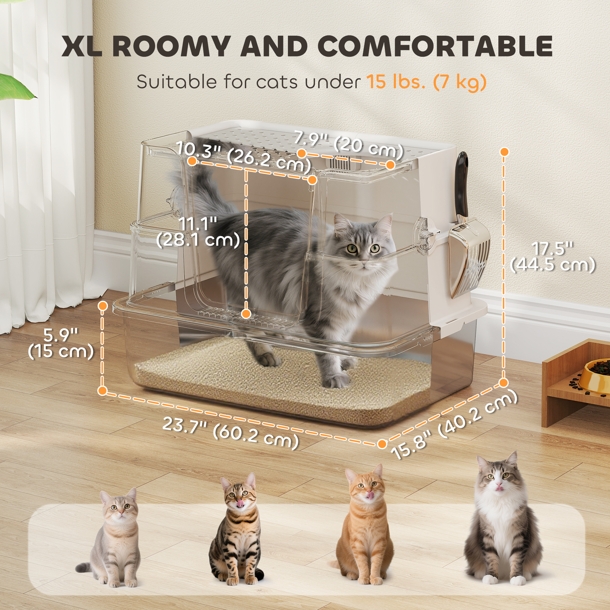 XL Stainless Steel Litter Box w/ 100° Flip Top, Scoop, Side Top Dual Entry, Odor Free, Easy Cleaning, Anti Leakage - Image 3