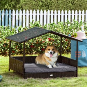 Rattan Dog House with Canopy, Wicker Dog Bed with Water-Resistant Cushion, for Small and Medium Breeds Grey