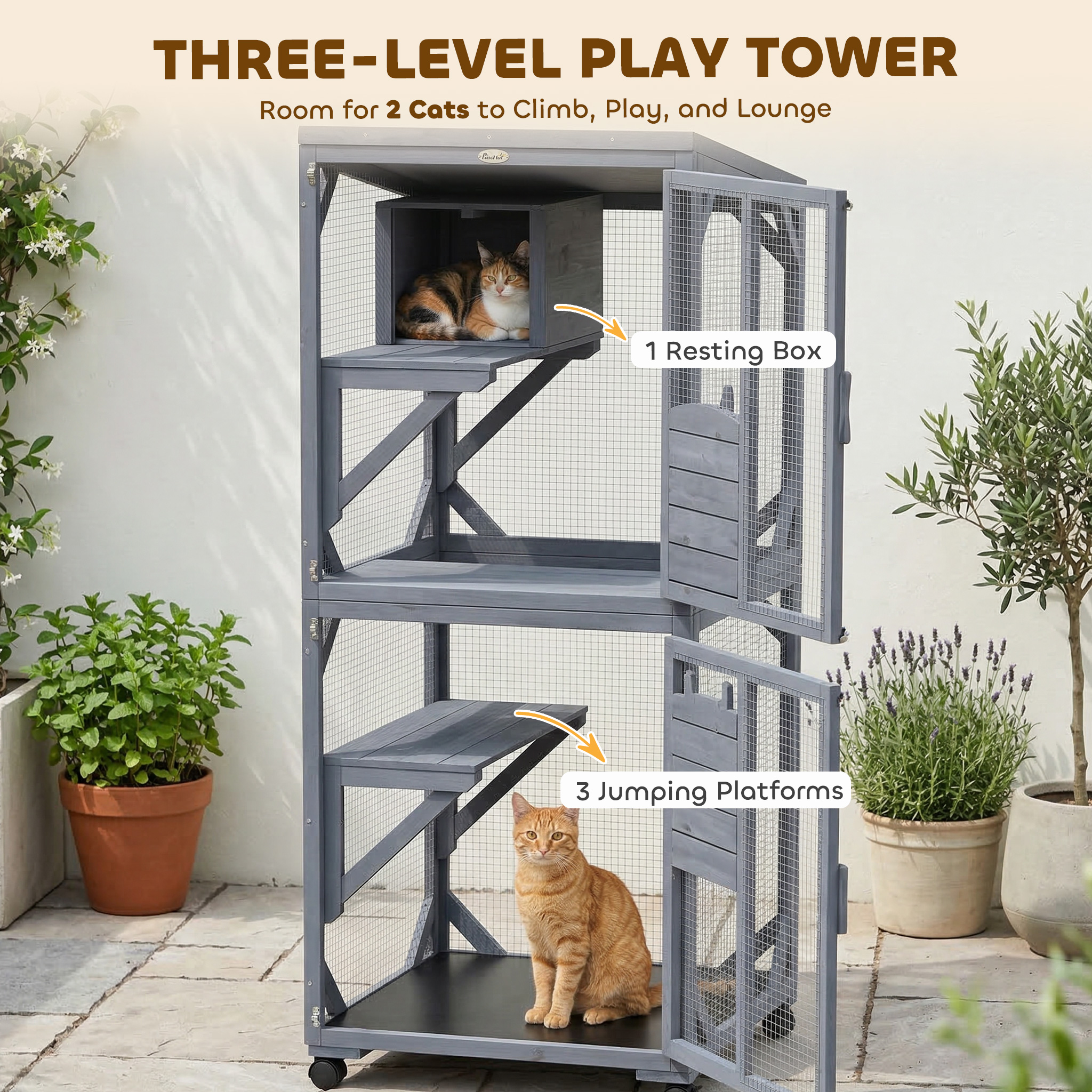 Movable Catio Outdoor Cat Enclosure with Resting Box, 3 Jumping Platforms, Waterproof Asphalt Roof for Outdoor Indoor