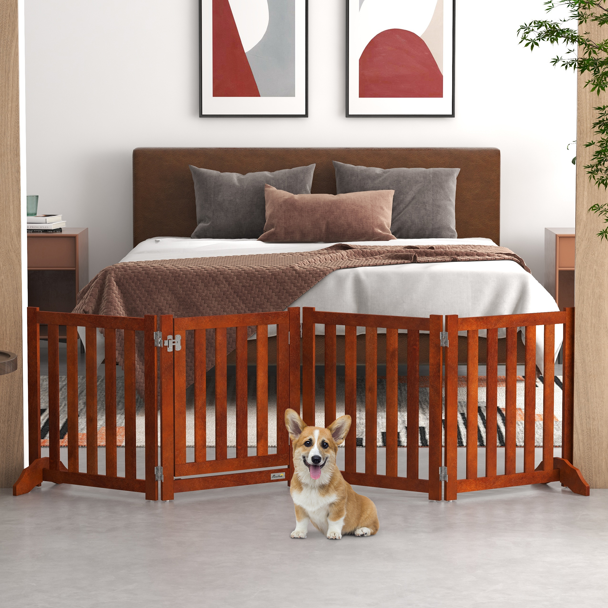 Foldable Dog Gate with Door, 4 Panels Fressstanding Pet Gate, Brown