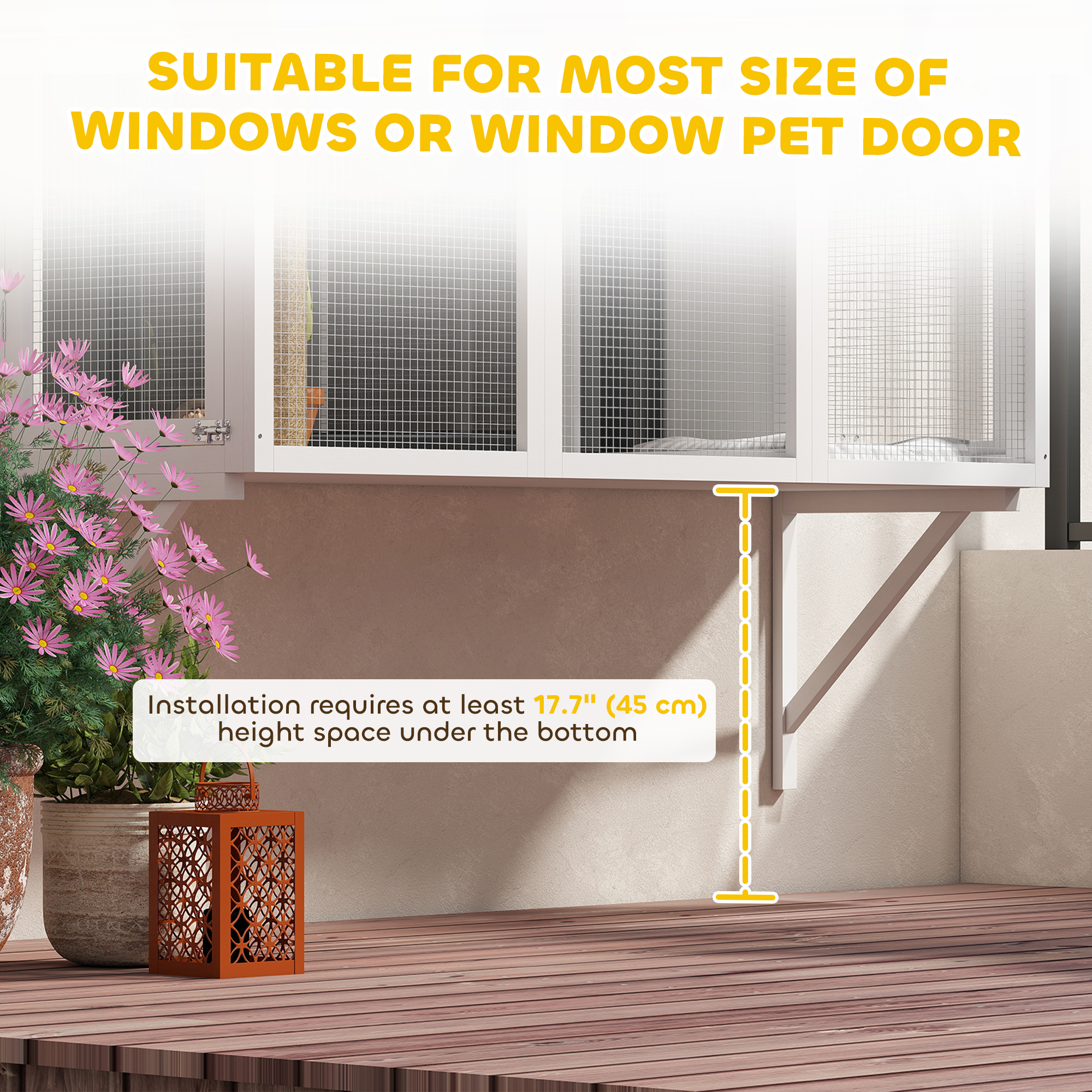 Wooden Catio Outdoor, Cat Window Box Enclosure for 2-3 Large Cats with 2 Jumping Platforms & Scratching Post, White
