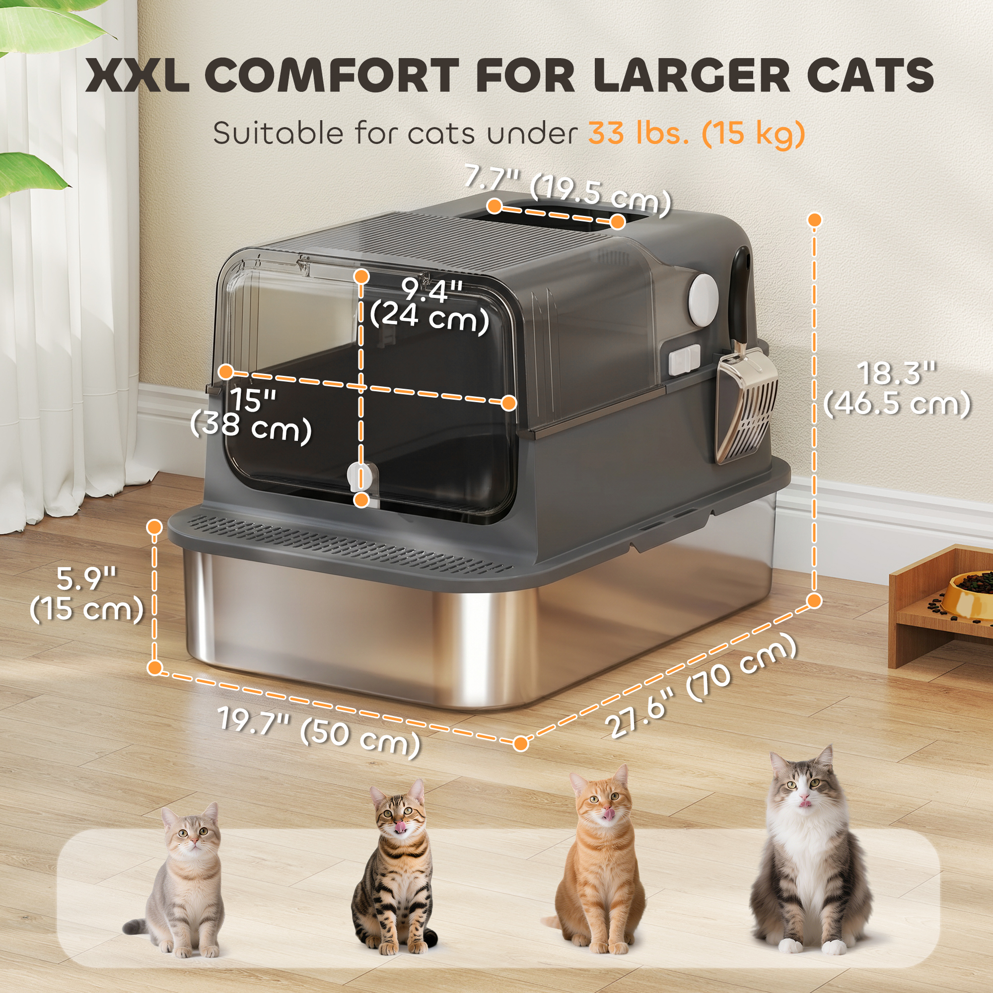 XXL Stainless Steel Cat Litter Tray, Enclosed Cat Litter Box for Big Cats with High Sides, Scoop, Easy Clean, Black