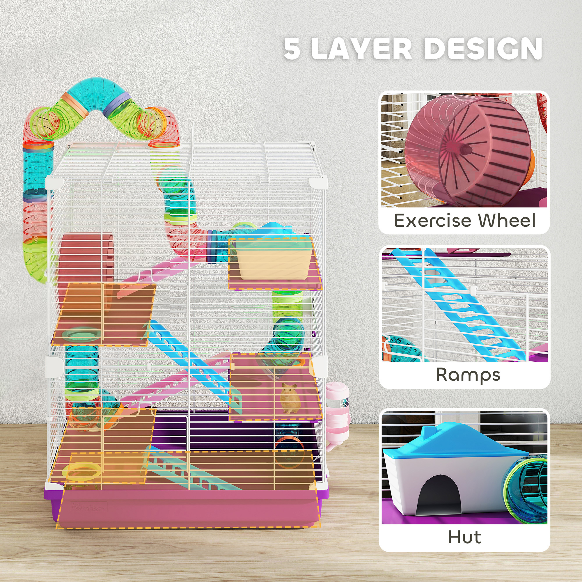 5 Tiers Hamster Cage Portable with Exercise Wheels Play Tube Water Bottle Dishes House Ladder for Gerbils, Purple