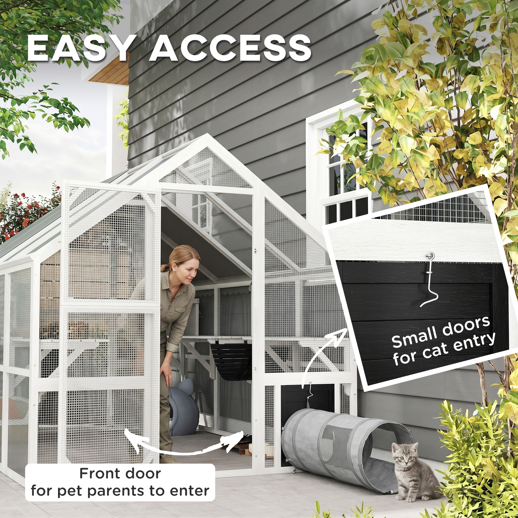 Outdoor Cat Enclosure Wooden Feral Cat House w/ Weatherproof Canopy, Bridges, Resting Boxes, Platforms, for 3-6 Cats
