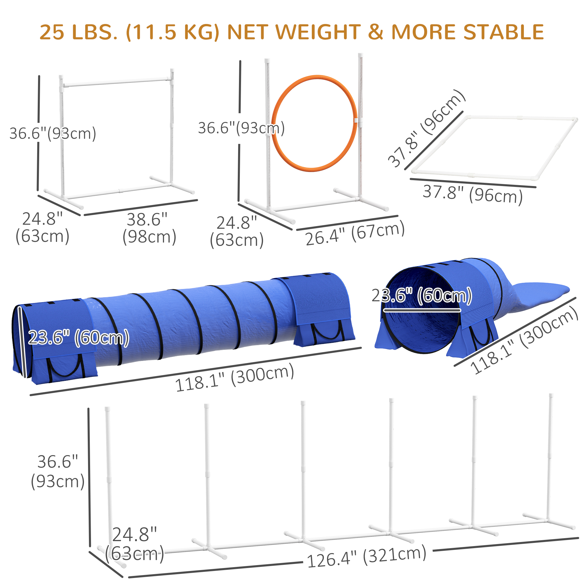 7 Pcs Dog Agility Kit w/ Tunnels, Weave Poles, Adjustable Hurdles, Jump Ring, Pause Box, Whistle, Carry Bag, Blue - Image 3