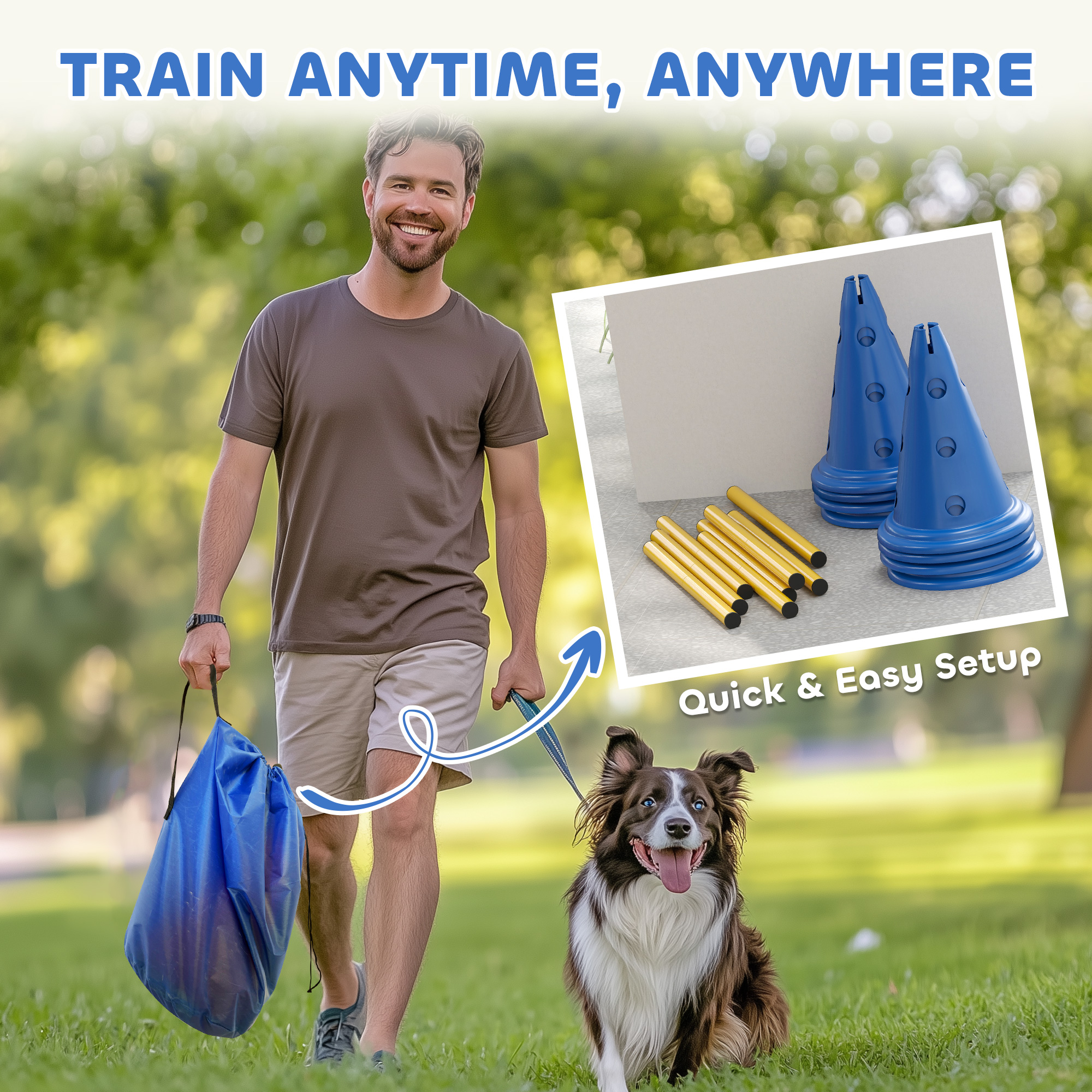 Dog Agility Hurdle Cone Set, Adjustable Obstacle Course Equipment with 8 Cones & 8 Poles, Carry Bag, Blue