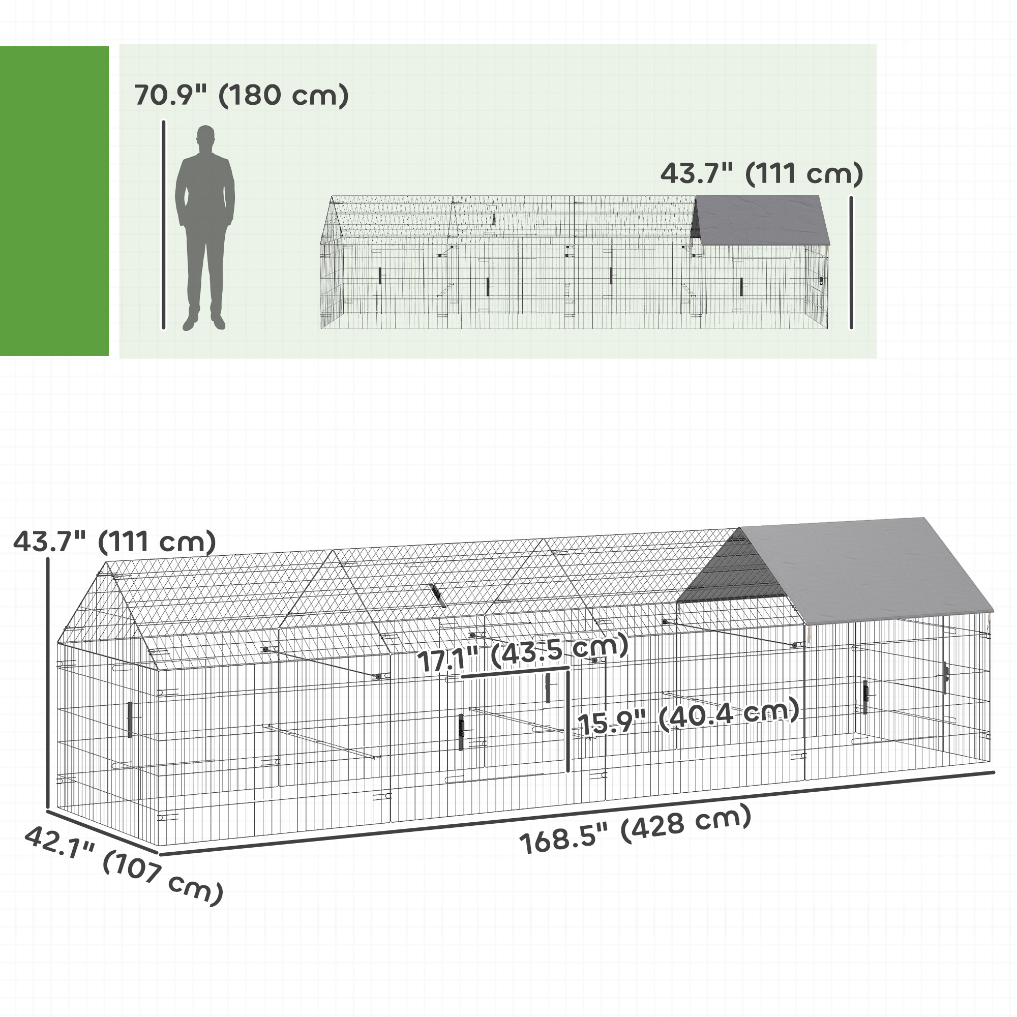 Metal Chicken Coop with UV-Resistant Cover for Hens, Rabbits, Ducks, Geese, 168.5" x 42.1" x 43.7", Grey - Image 3