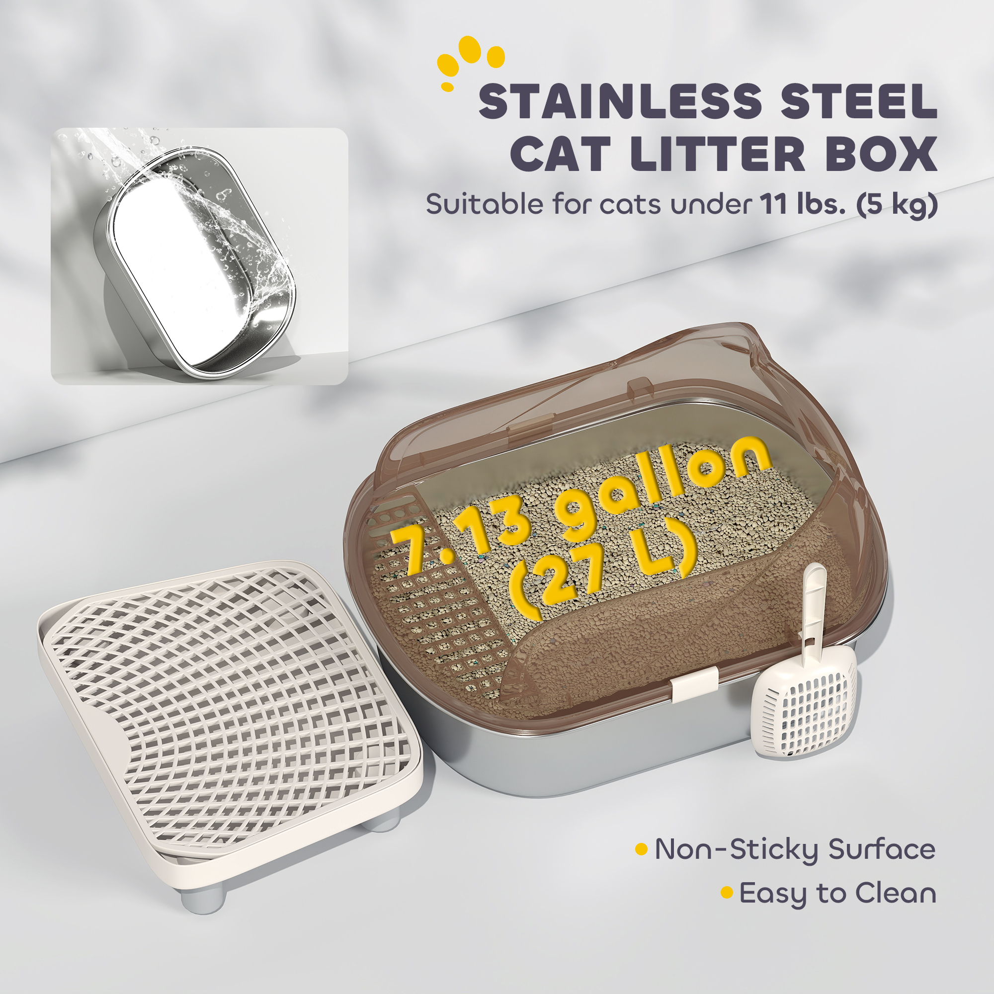 Stainless Steel Cat Litter Box with High Sided Enclosure, Step, Scoop, Non-Sticky & Anti-Urine Leakage, Easy Cleaning