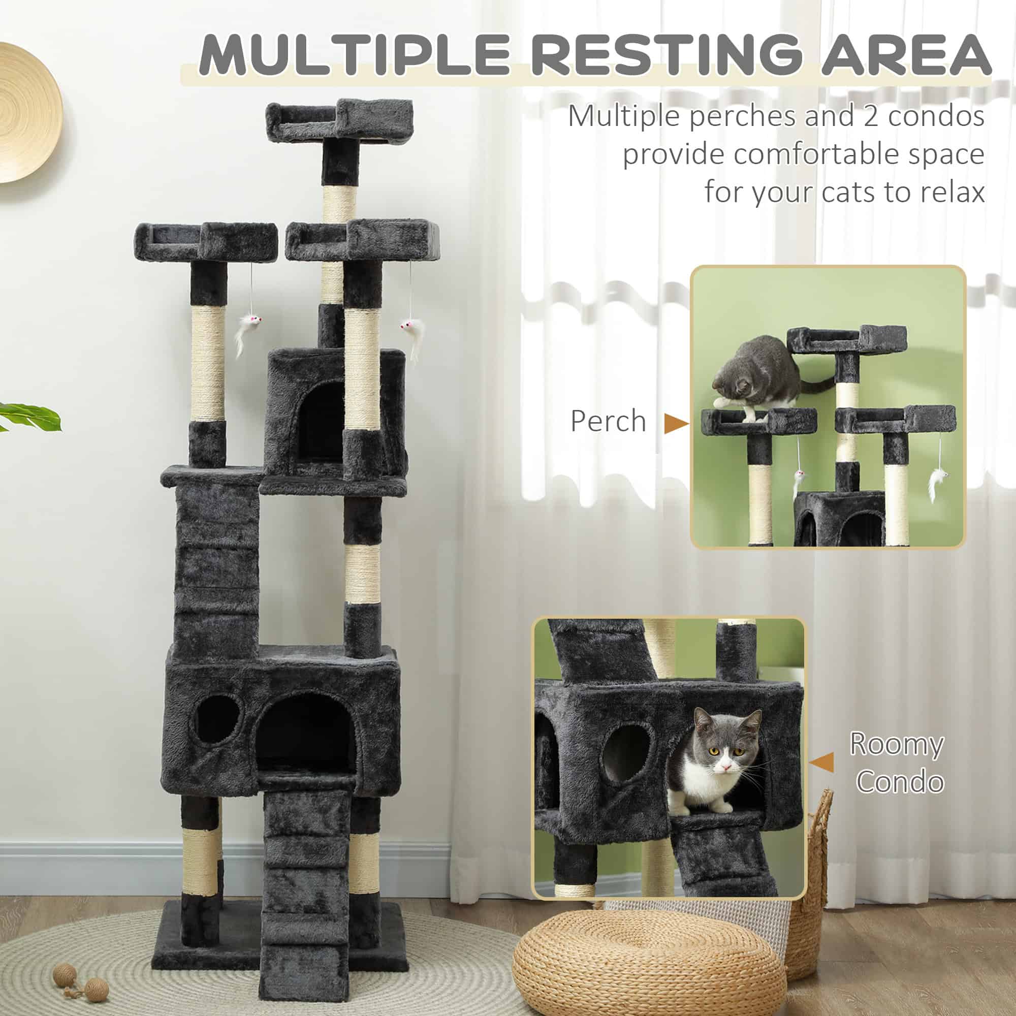 68" Multi-Level Cat Scratching Tree with 3 Perches & 2 Condos, 4 Tier Kitty Activity Center with Ladders & Dangling Toys, Grey - Image 7