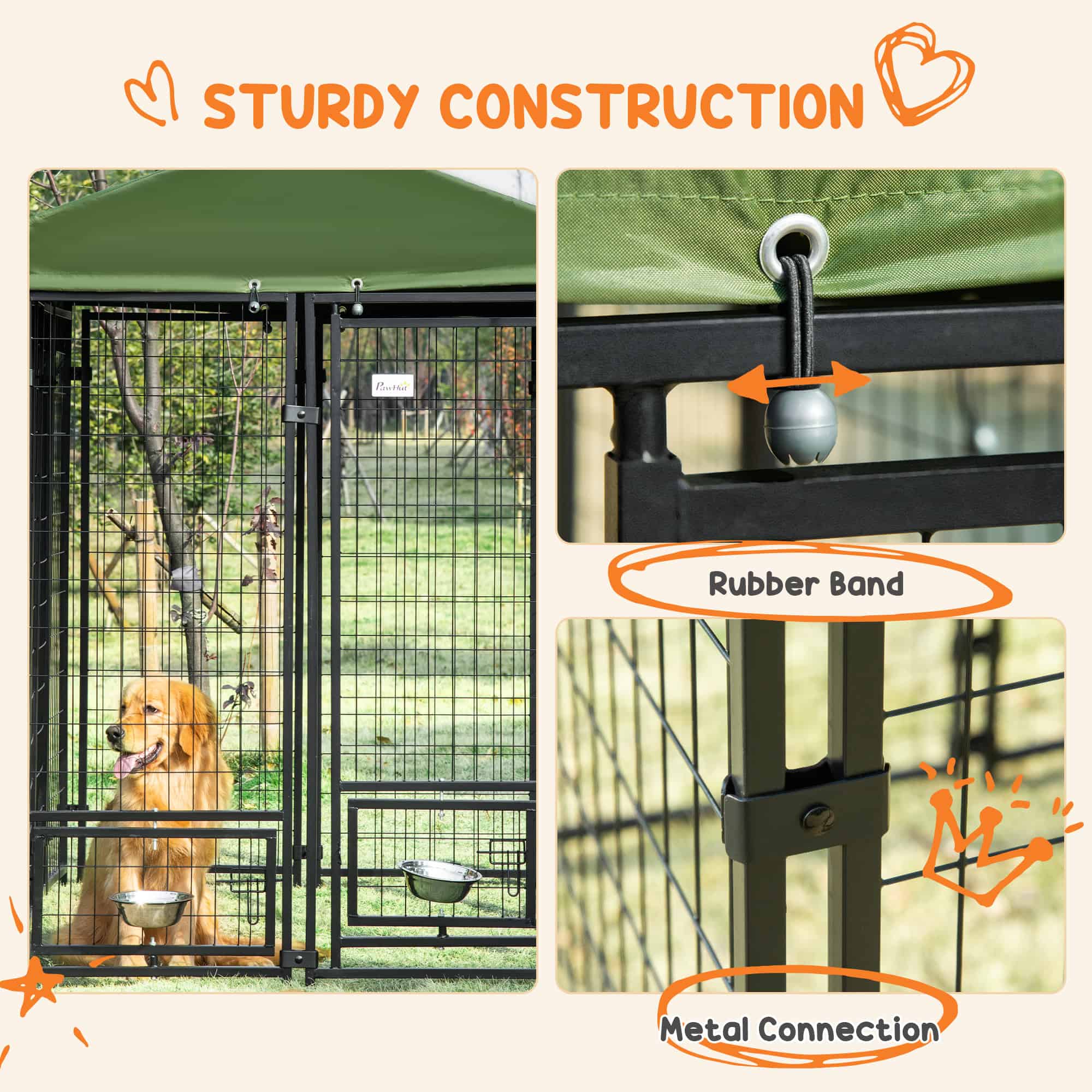 Outdoor Dog Kennel, Lockable Pet Playpen Crate, Welded Wire Steel Fence, Rotating Bowl Holders, Green