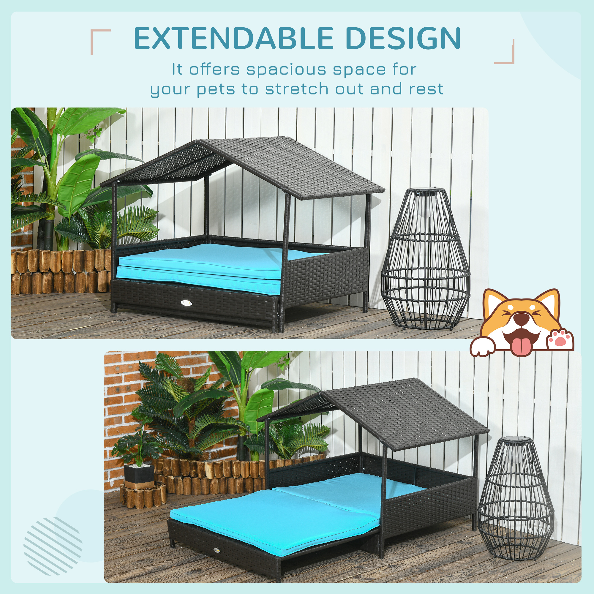 Rattan Dog House with Canopy, Wicker Dog Bed with Water-Resistant Cushion, for Small and Medium Breeds Blue