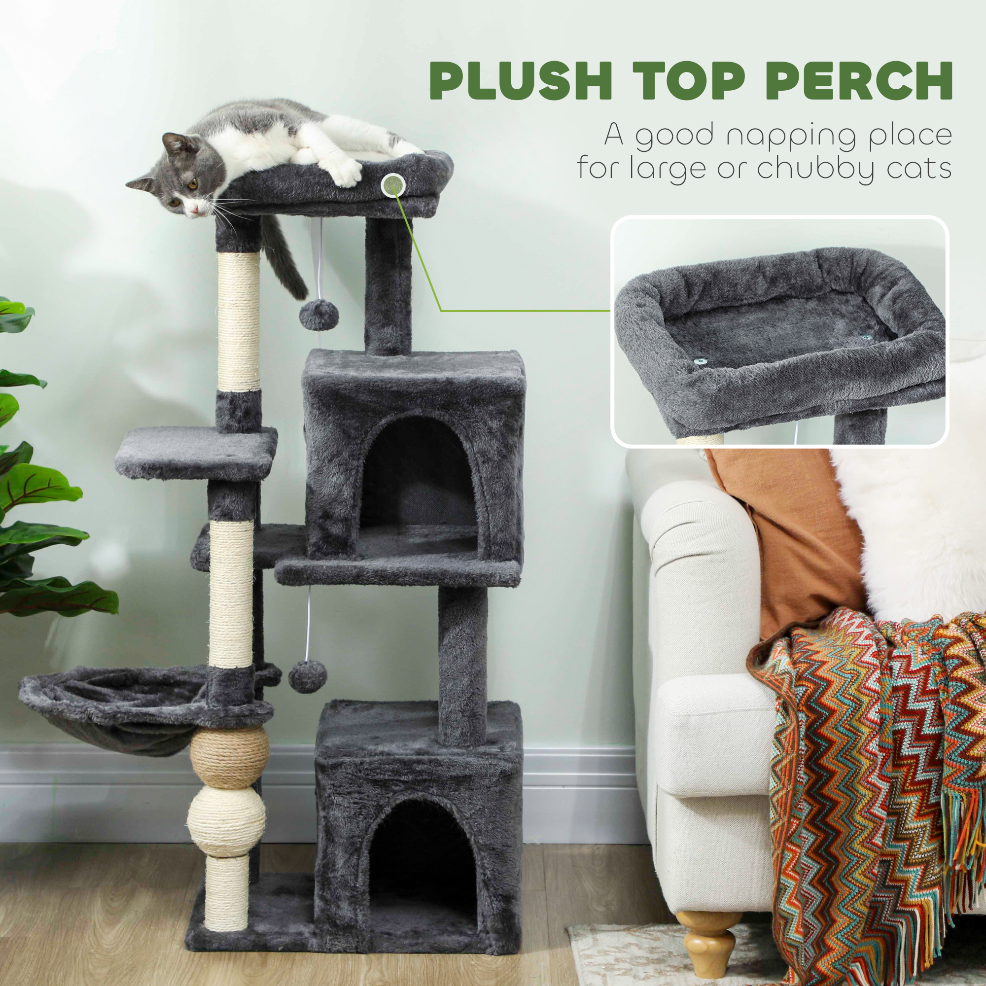Cat Tower, 42" Multi-Level Cat Tree with Padded Plush Perch, Hammock, 2 Door Condos, Scratching Posts, Toy Balls