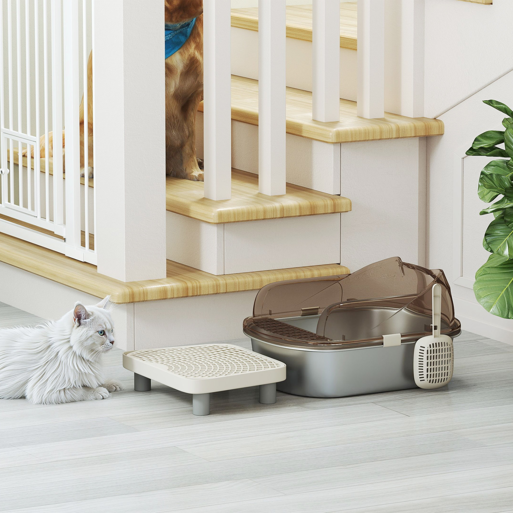Stainless Steel Cat Litter Box with High Sided Enclosure, Step, Scoop, Non-Sticky & Anti-Urine Leakage, Easy Cleaning