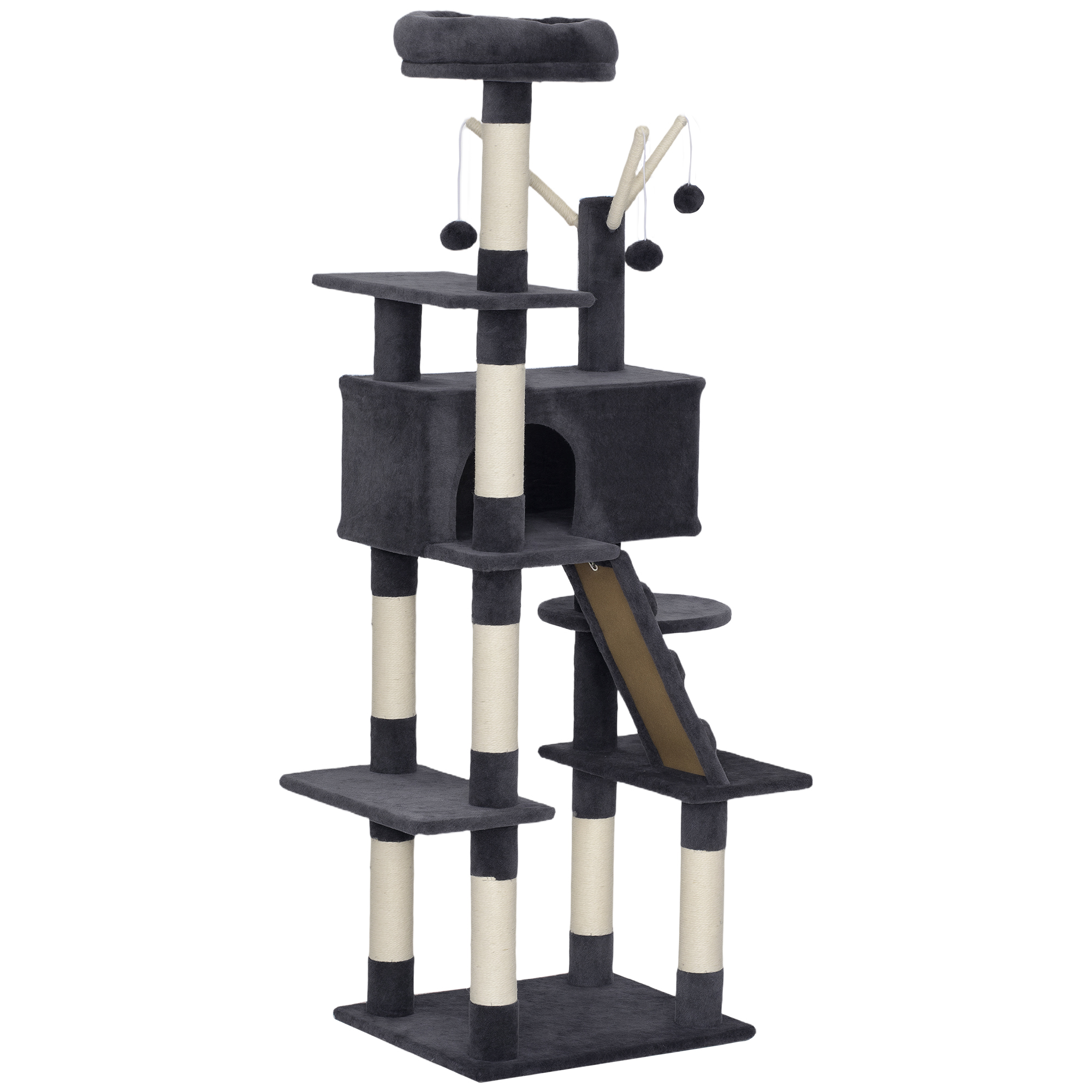 59 Inch Large Cat Tree with Sisal Scratching Posts, Cozy Condo, Top Perch, Ladder and Interactive Balls, Dark Grey