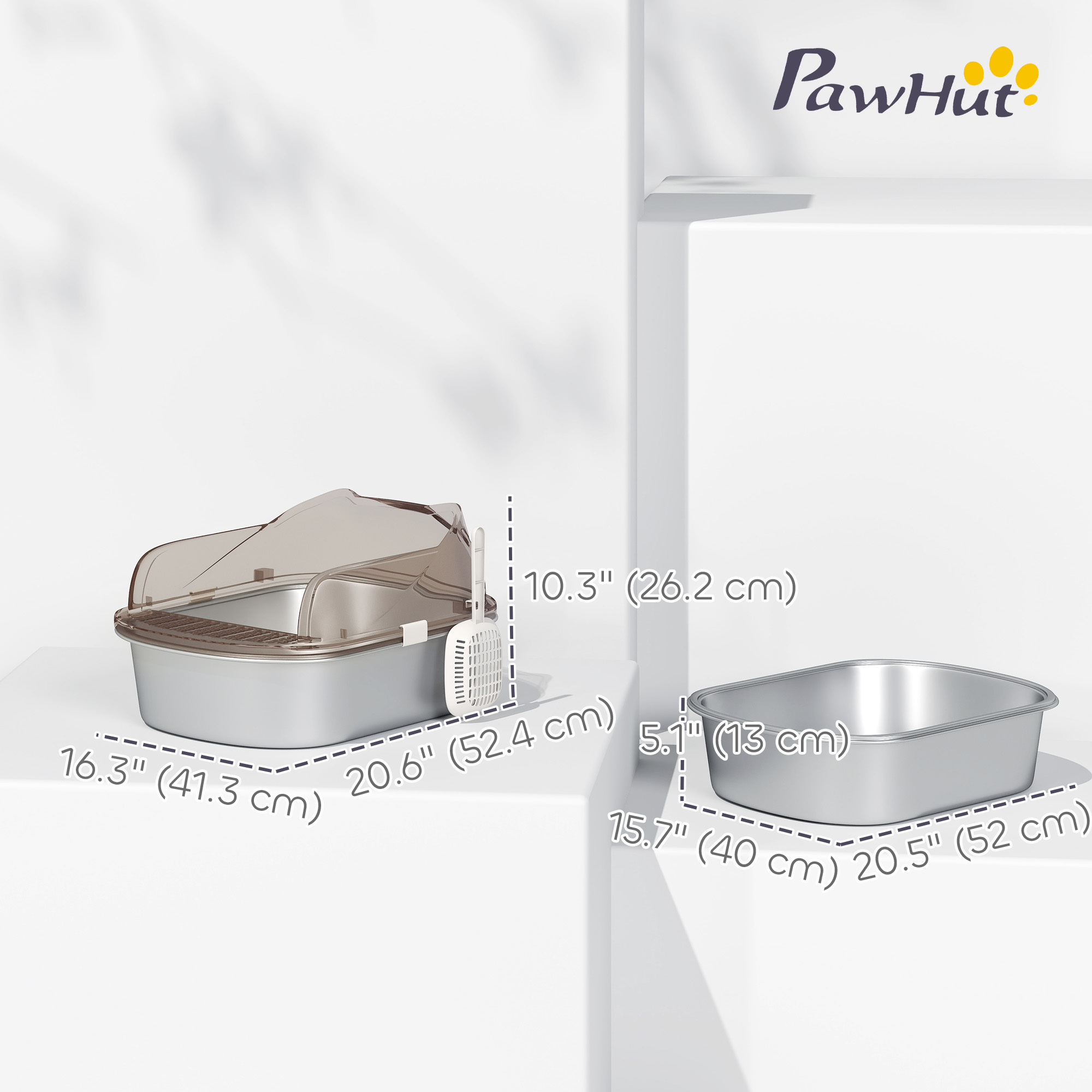 Stainless Steel Cat Litter Box with High Sided Enclosure, Scoop, Non-Sticky & Anti-Urine Leakage, Easy Cleaning