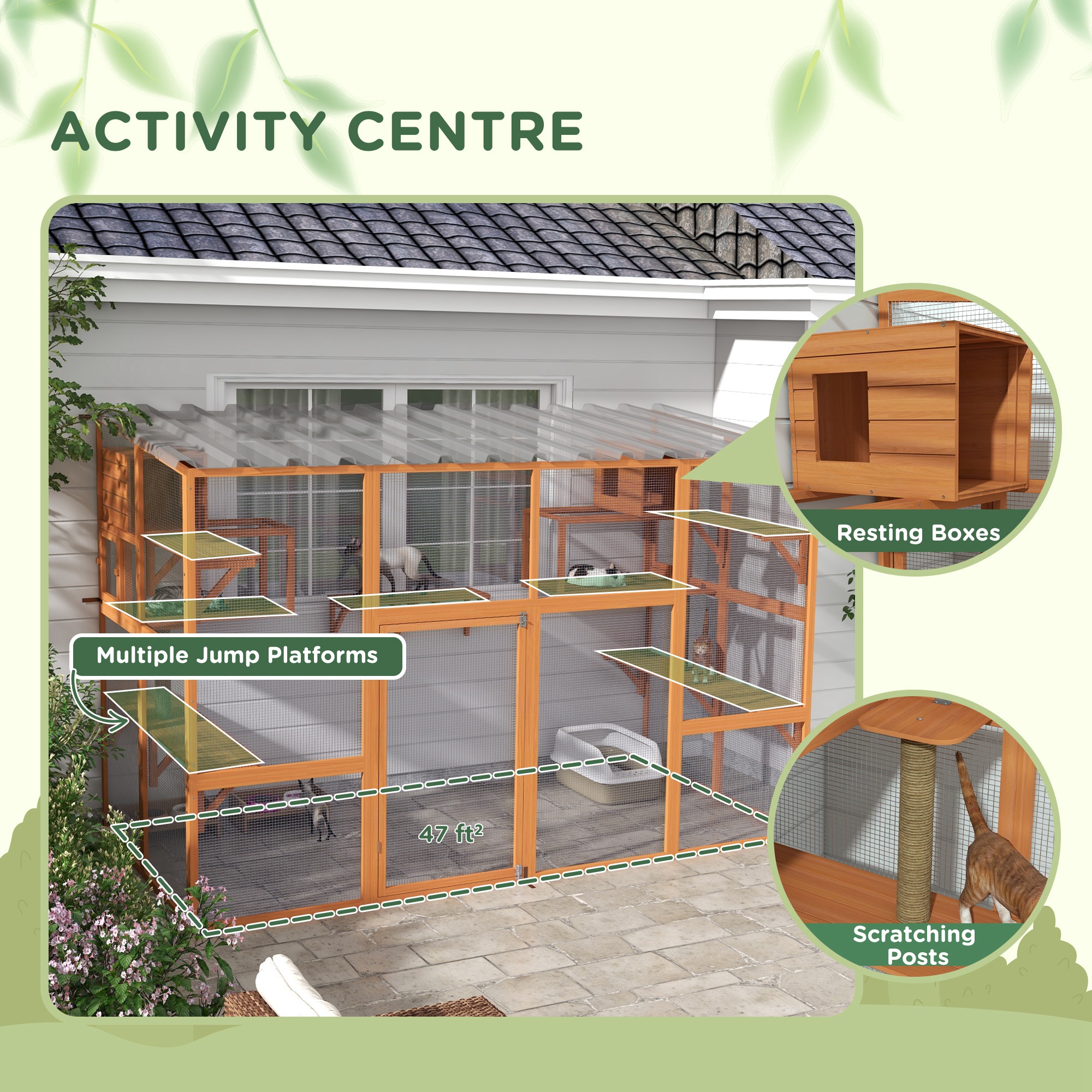 Large Outdoor Catio with 2 Condos, Jumping Platforms, Waterproof Roof, Orange - Image 5