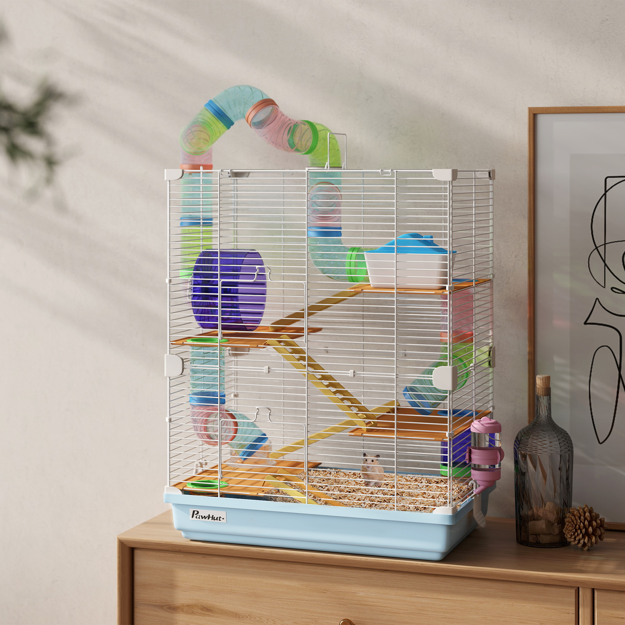 5 Tiers Hamster Cage Portable with Exercise Wheels Play Tube Water Bottle Dishes House Ladder for Gerbils, Light Blue