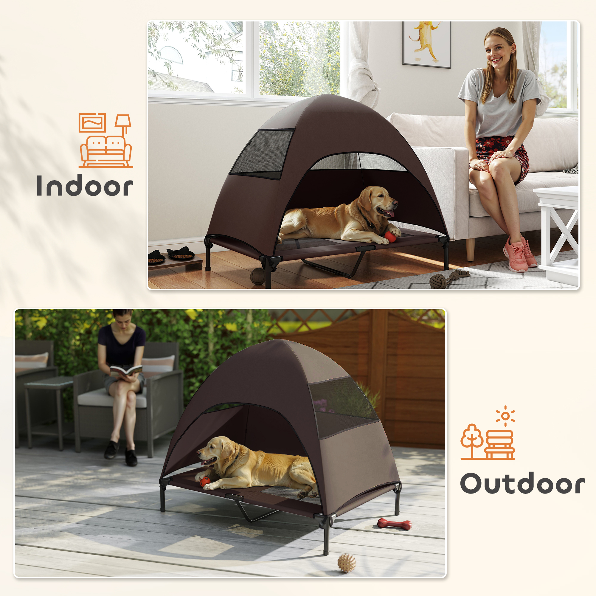 Elevated Dog Bed with Canopy Raised Dog Bed Washable Mesh Steel Frame 41.7" x 29.9" x 39" Coffee