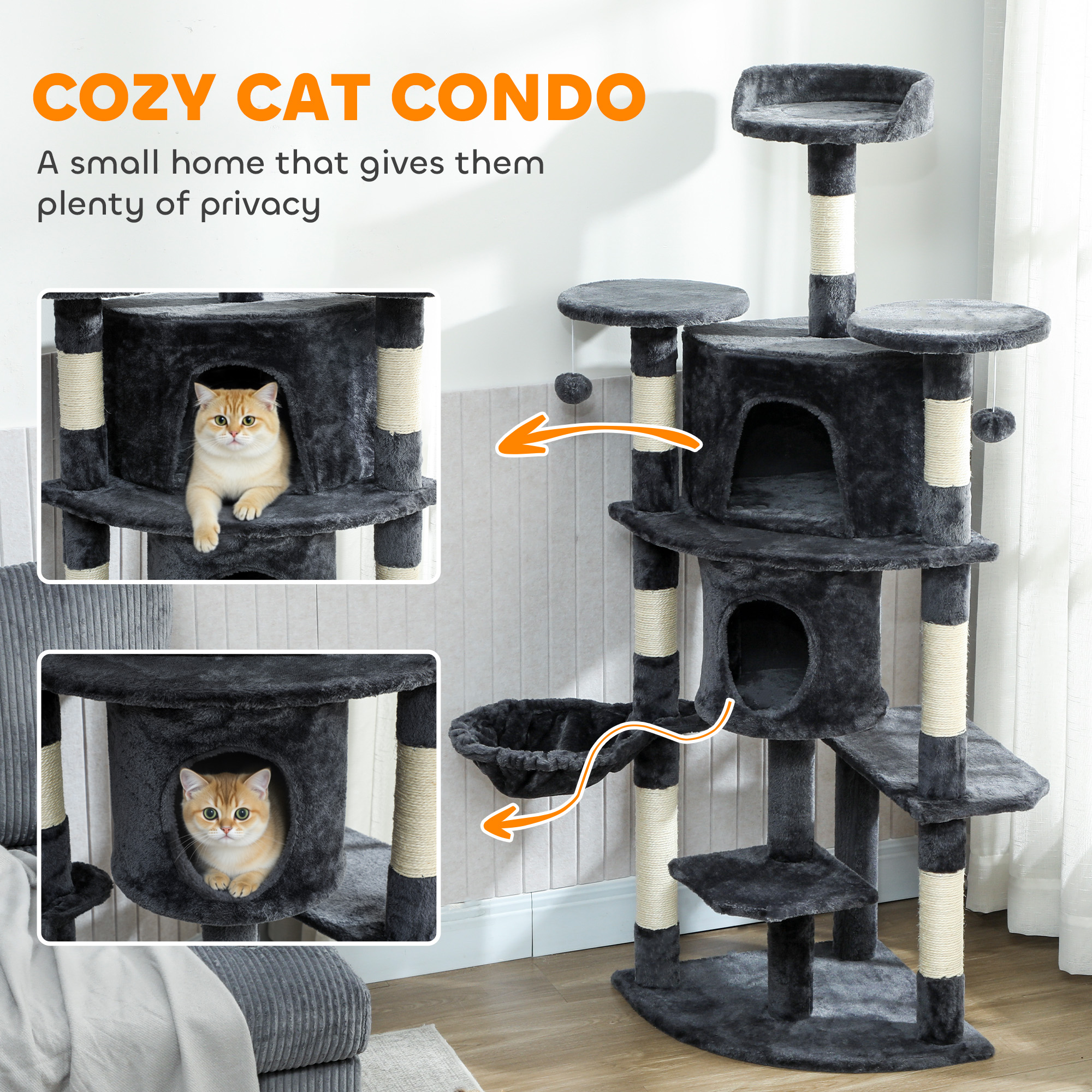 62" Cat Tree with Scratching Post, 2 Condos, Hammock, Perches, Plush, Pompoms, for Indoor Cats, Dark Grey - Image 5