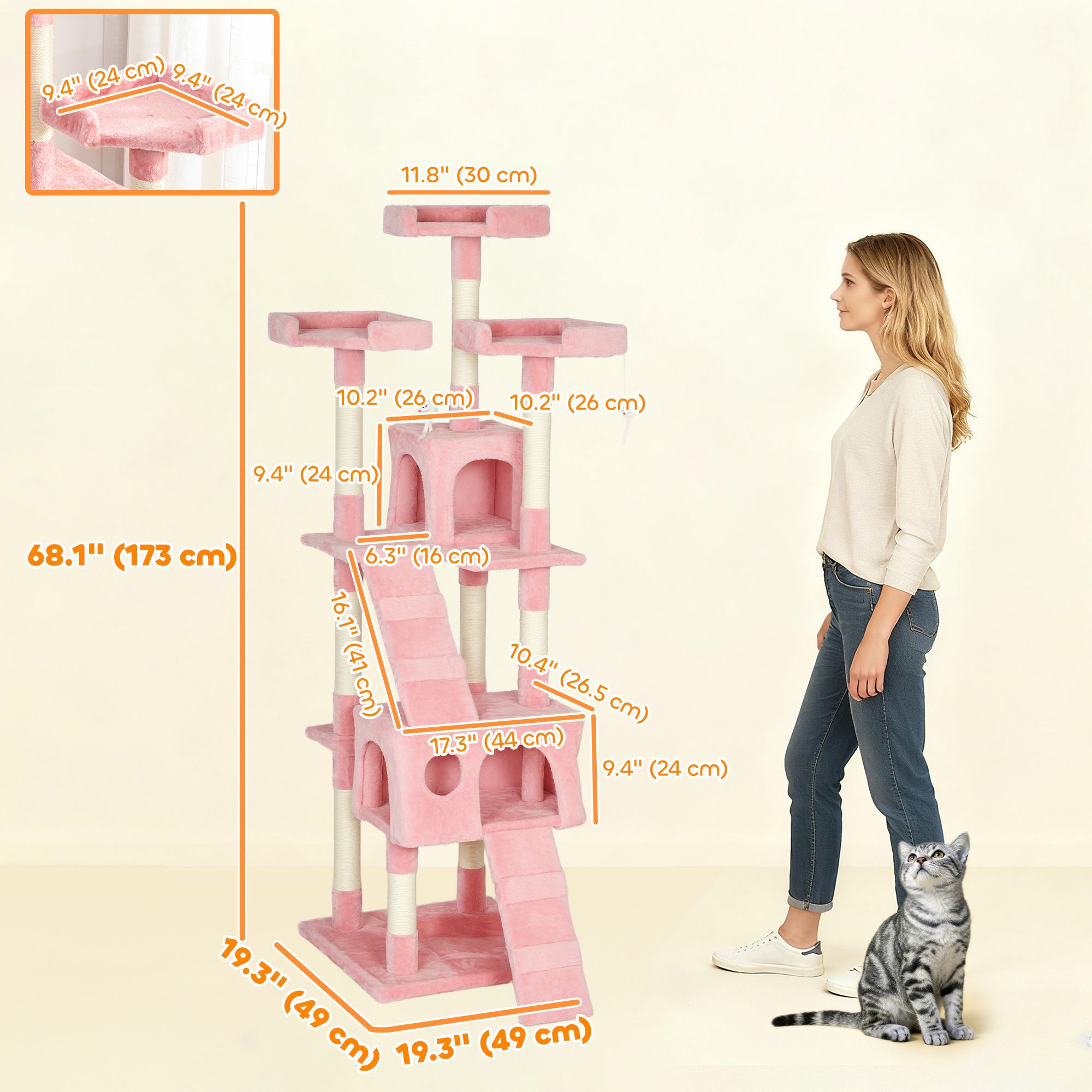 68-inch Multi-Level Cat Scratching Tree Kitty Activity Center Post Tower Condo Pet Furniture w/ Toy Pink