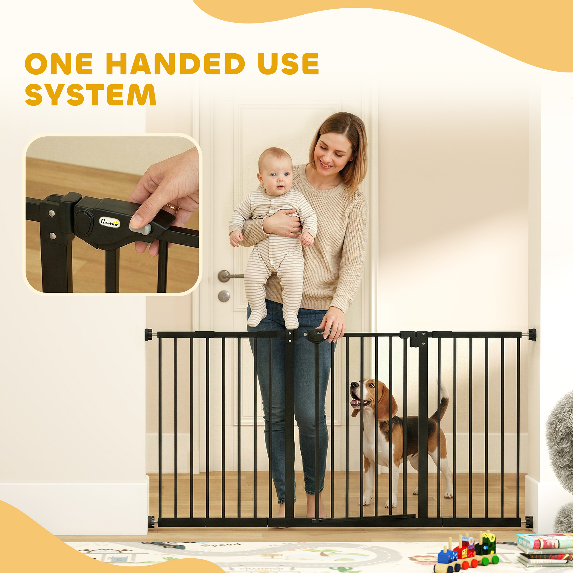 29"-58" Wide Pet Gate with Door Dog Gate and Barrier Indoor for Stairs Includes 7", 8", 12" Extensions Kit, 30 Inch Tall Pressure-Mounted Safety Gate, Black