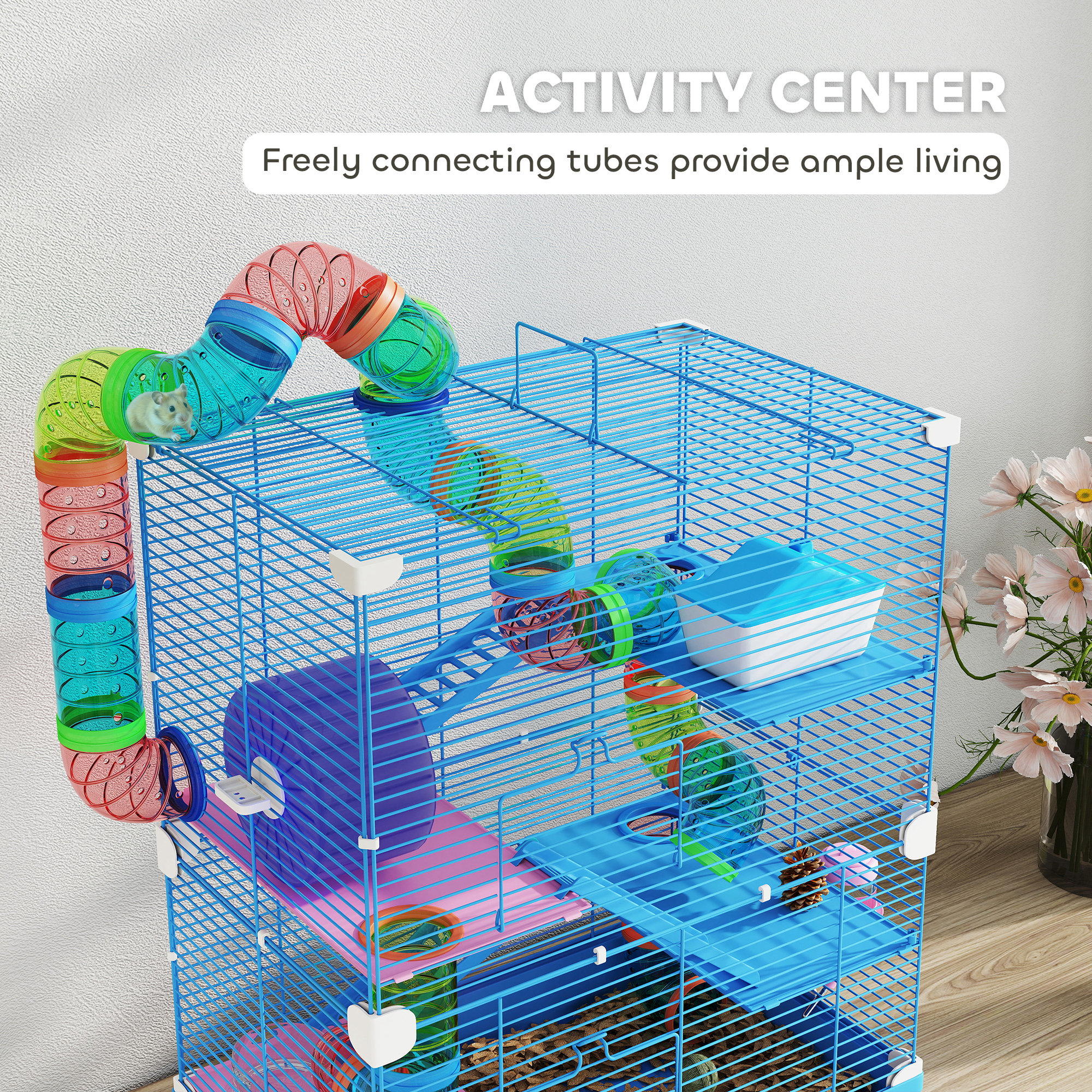 5 Tiers Hamster Cage Portable with Exercise Wheels Play Tube Water Bottle Dishes House Ladder for Gerbils, Dark Blue
