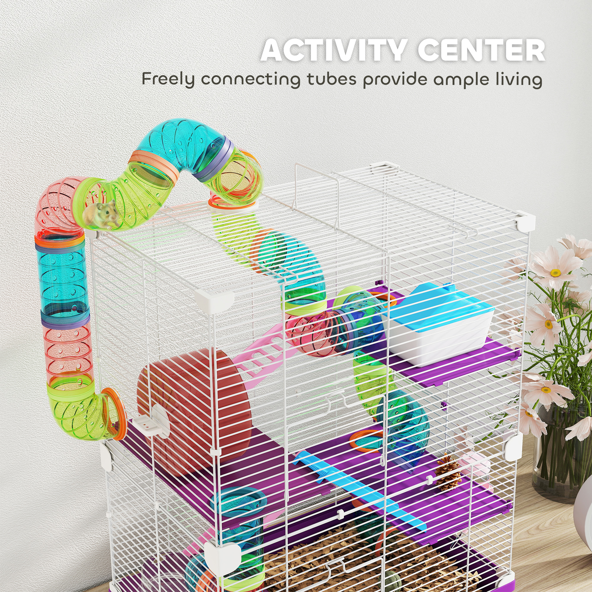 5 Tiers Hamster Cage Portable with Exercise Wheels Play Tube Water Bottle Dishes House Ladder for Gerbils, Purple