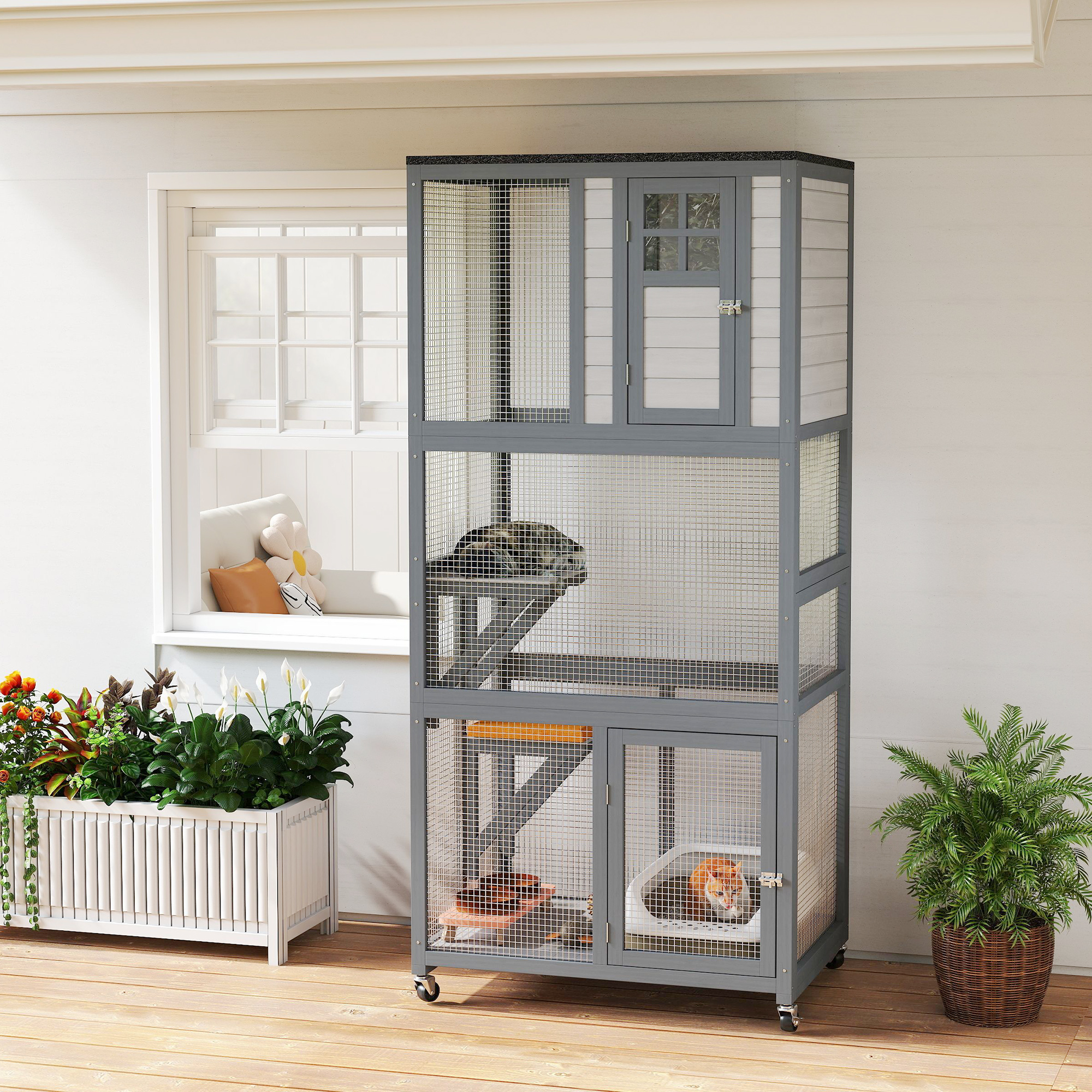 74" Wooden Outdoor Cat House Weatherproof & Wheeled with High Weight Capacity, Kitten Cage Condo, Light Grey