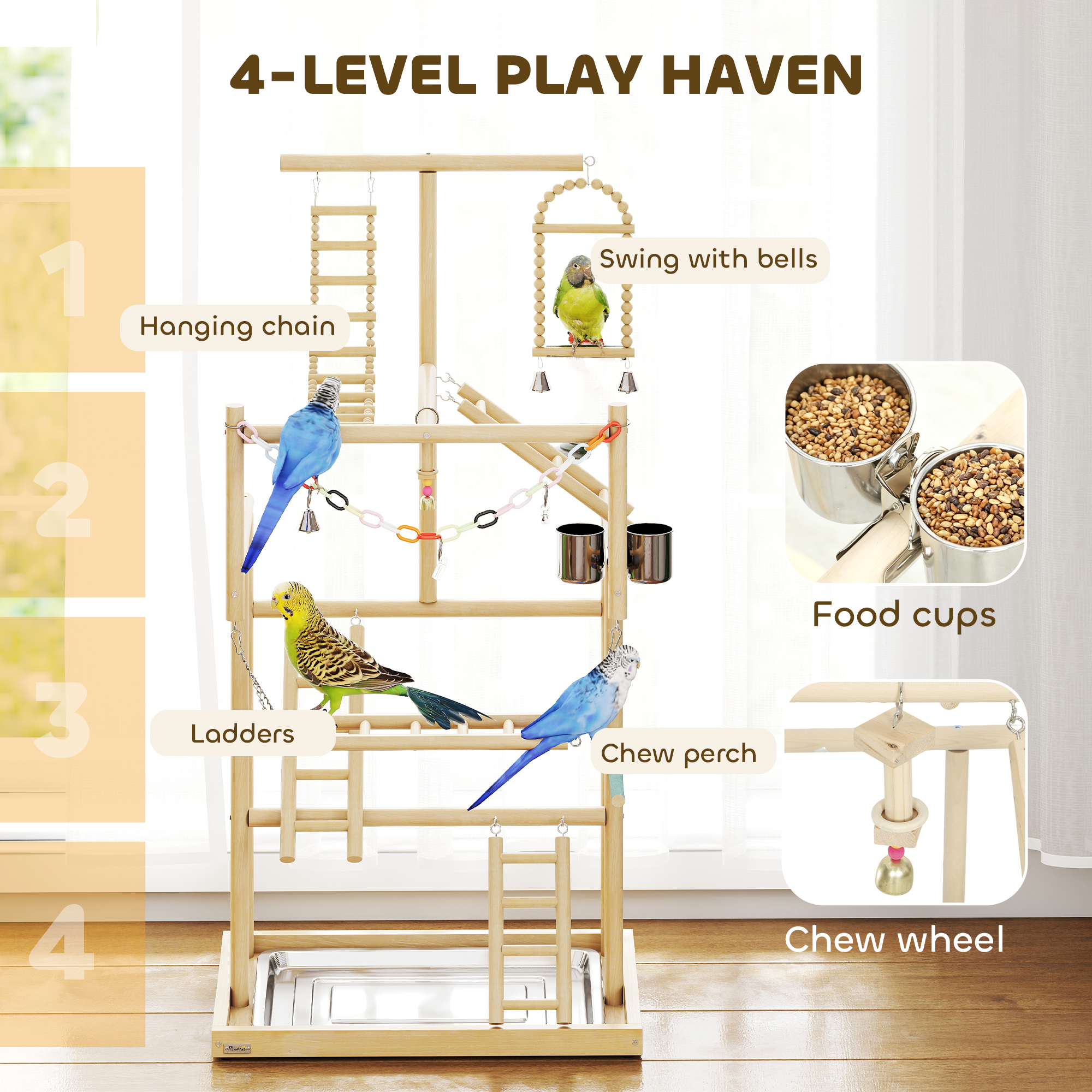 Bird Playground, 4 Layer Wooden Play Stand with Ladders, Chain Toy, Stainless Steel Cups and Tray for Small Birds