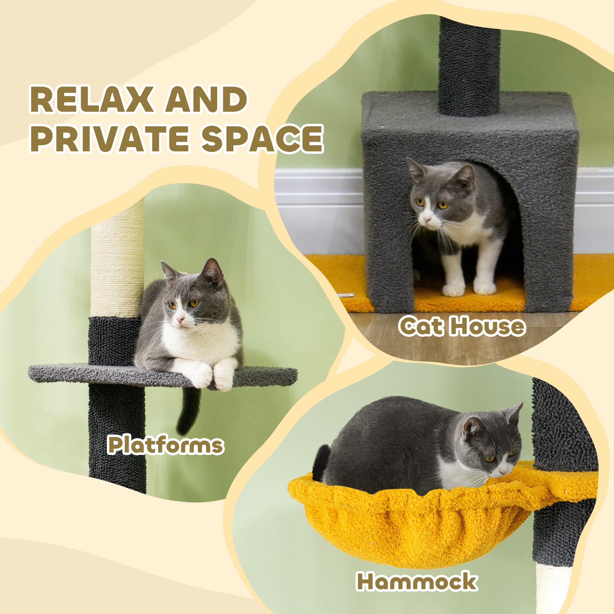 Floor to Ceiling Cat TreeTower with 90.5"-108" Adjustable Height, Scratching Posts, Hammock, Condo, Toy Ball, Dark Grey