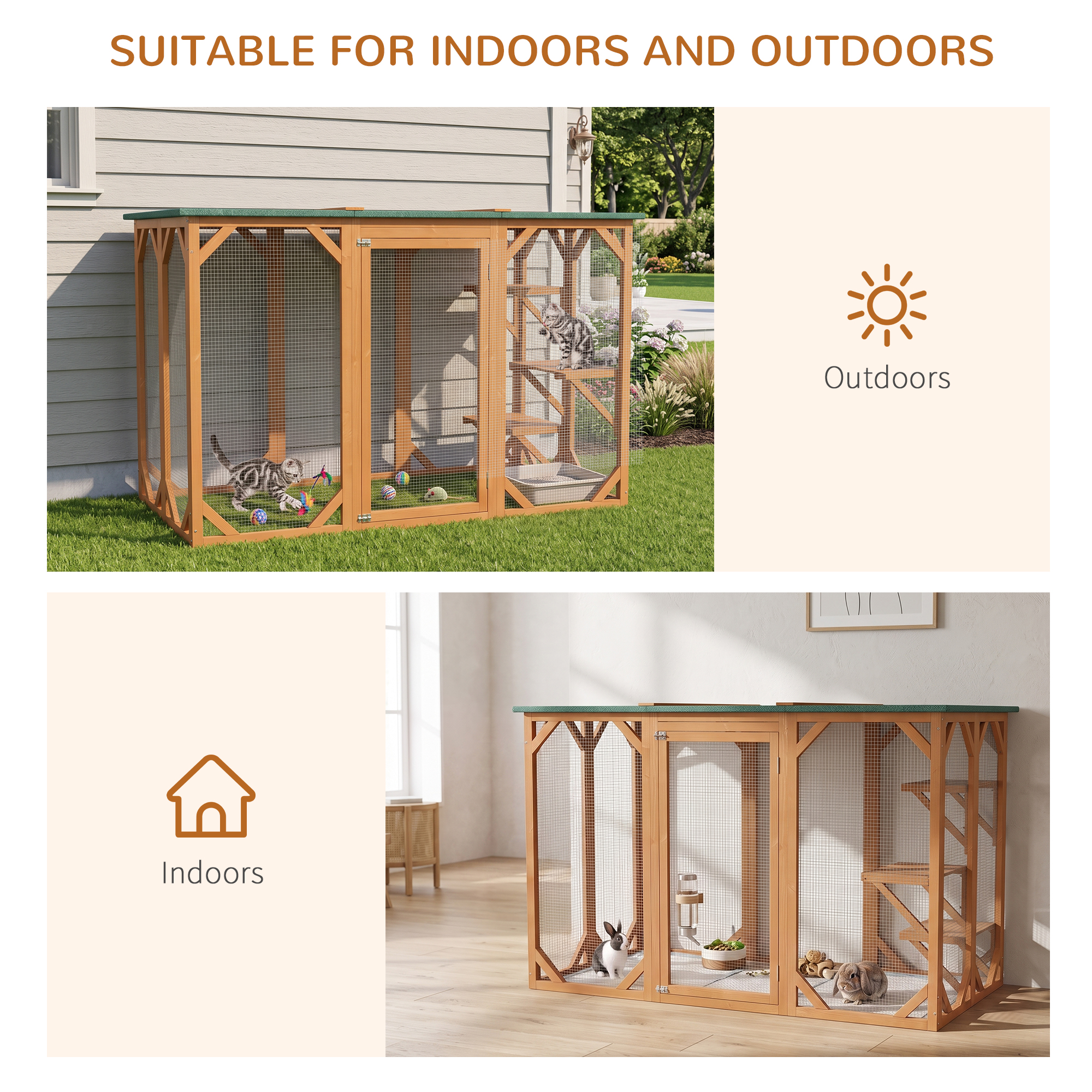 71"L Catio Outdoor Cat Enclosure, Indoor Cat Cage, Pet House, Small Animal Hutch for 1-2 Rabbit, Kitten, Kitty Crate Kennel w/ Waterproof Roof, Multi-Level Platforms, Orange