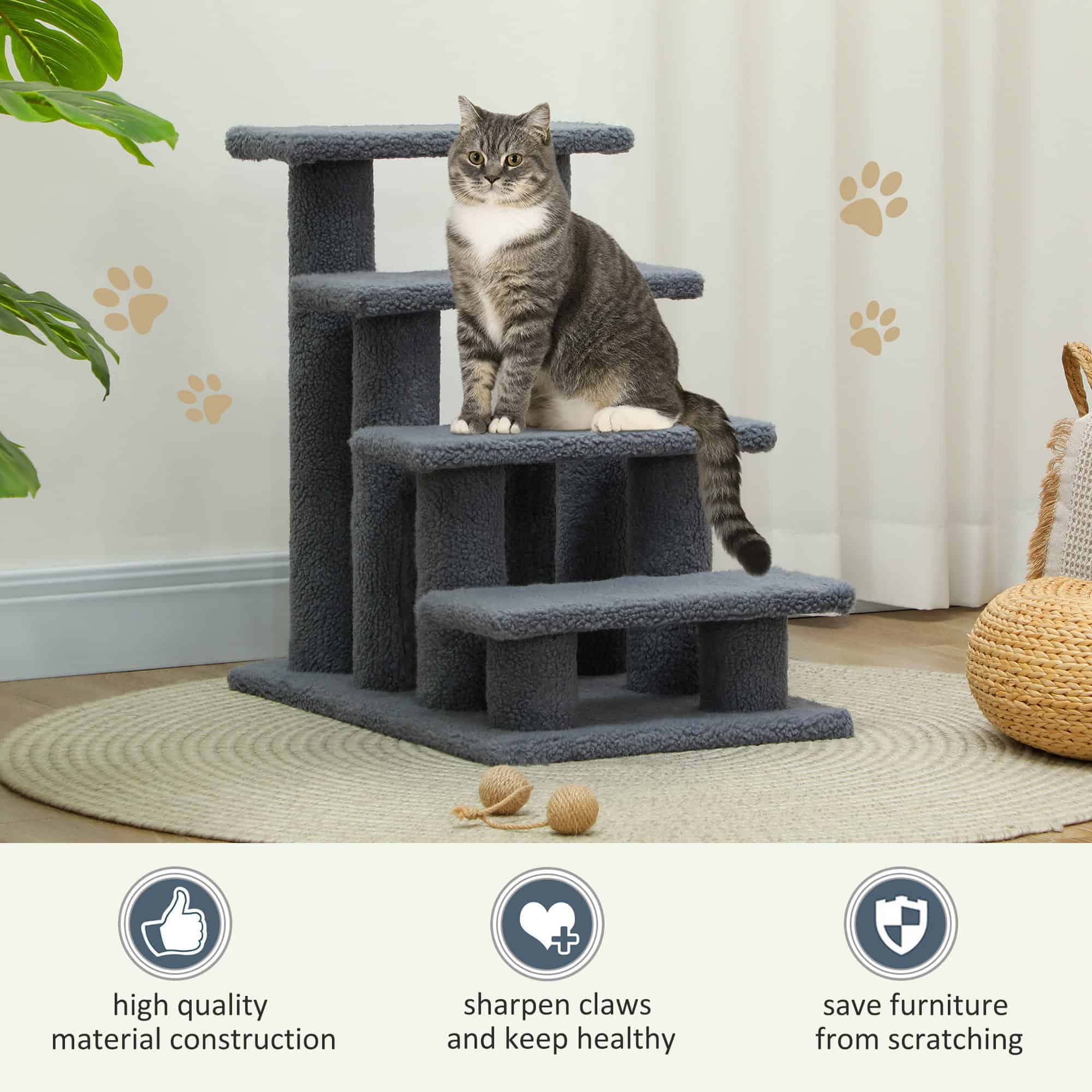 4-Step Multi-Level Carpeted Cat Scratching Post Pet Stairs, Grey