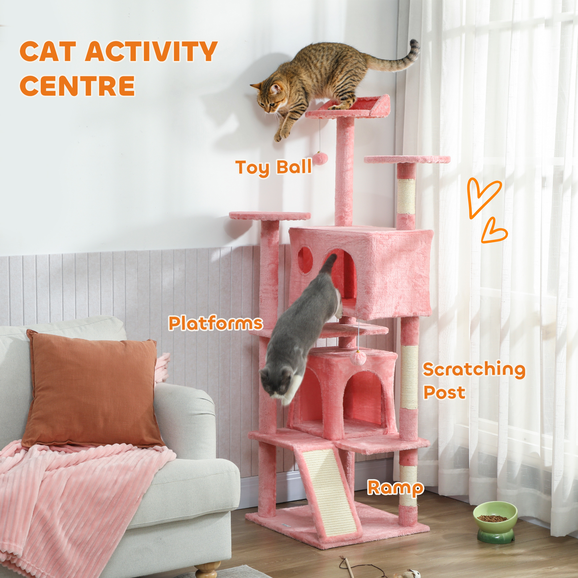 63" Cat Tree, Multi-Level Cat Tower with Scratching Posts, Cat Condos, Bed, Platforms, Ramp, Toy Ball, Pink