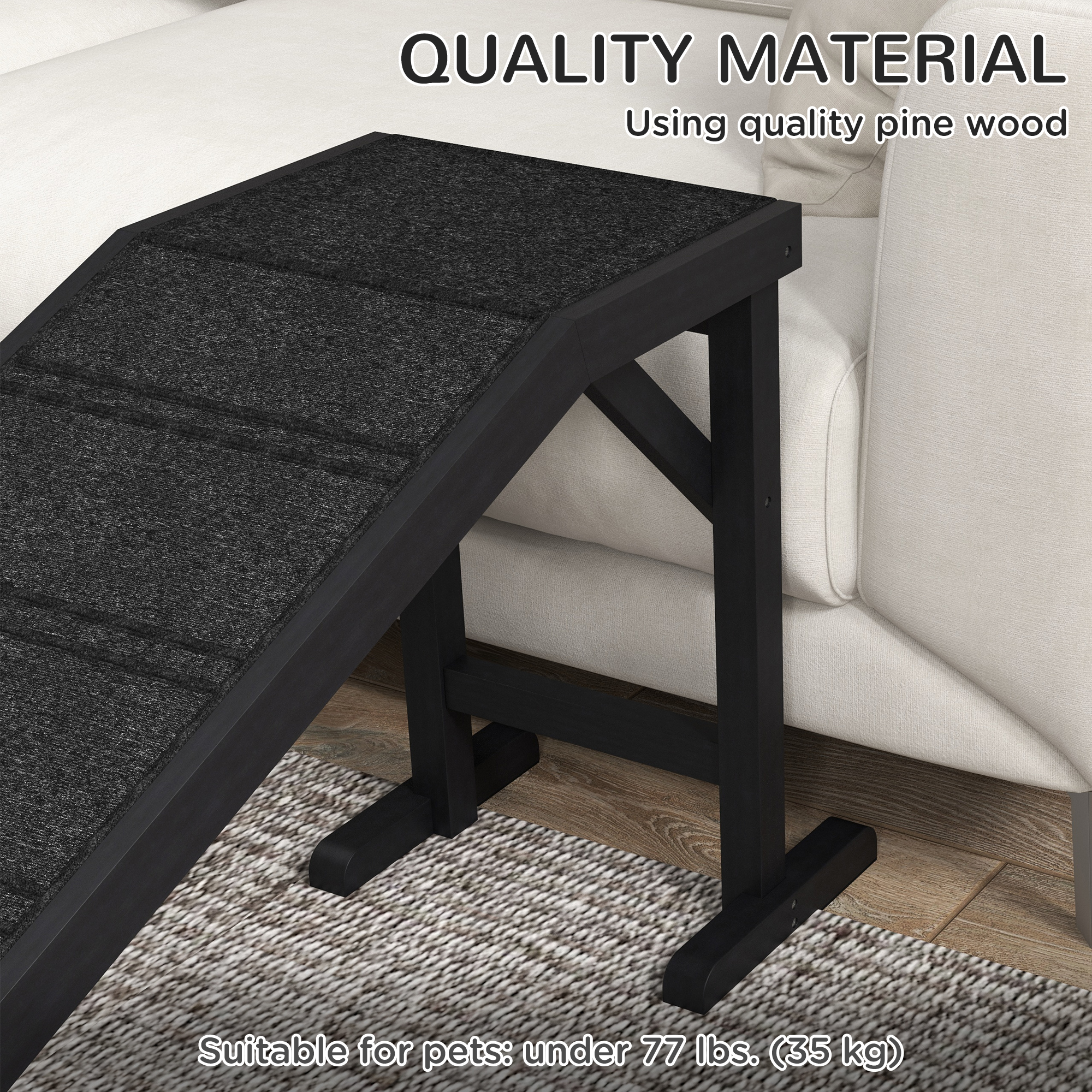 Pet Ramp Bed Steps for Dogs Cats Non-slip Carpet Top Platform Pine Wood 74"L x 16"W x 25"H Black