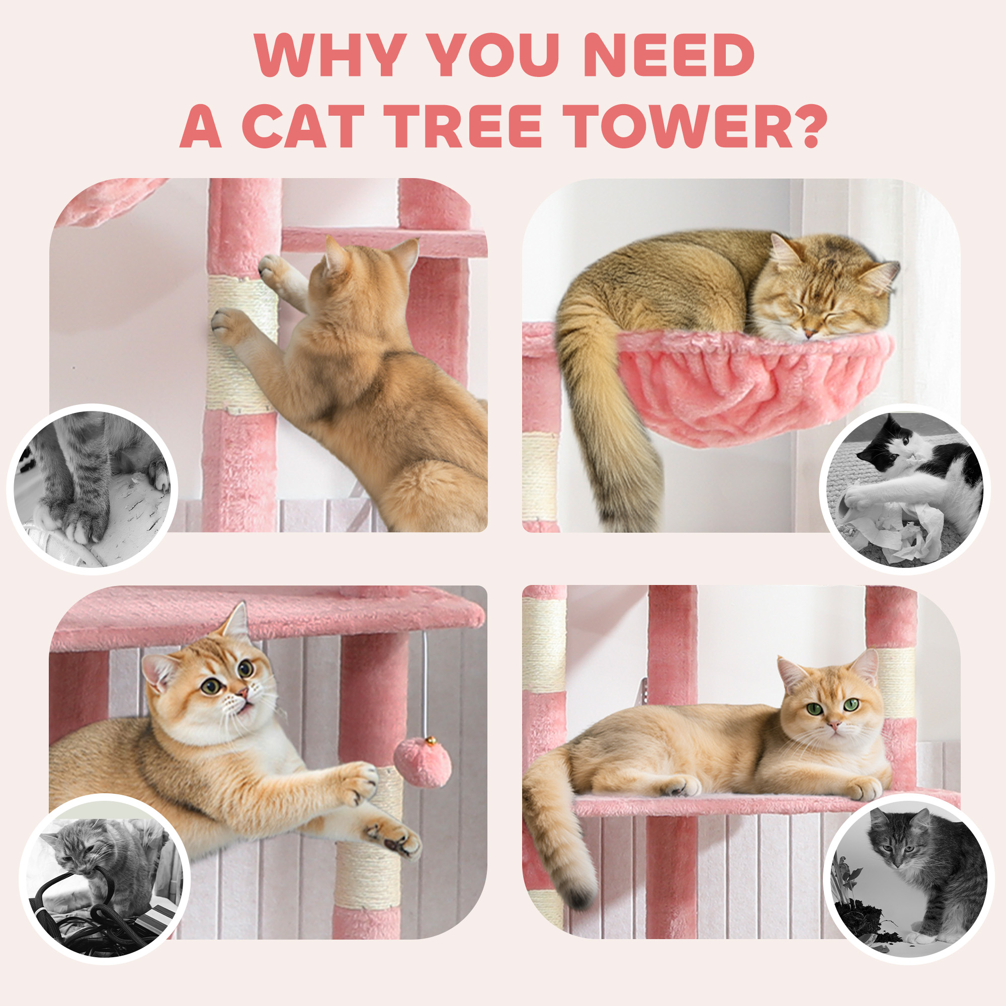 94"-102" Floor to Ceiling Cat Tree High Cat Condo Scratching Post Activity Center Multi-Level Play House Pink