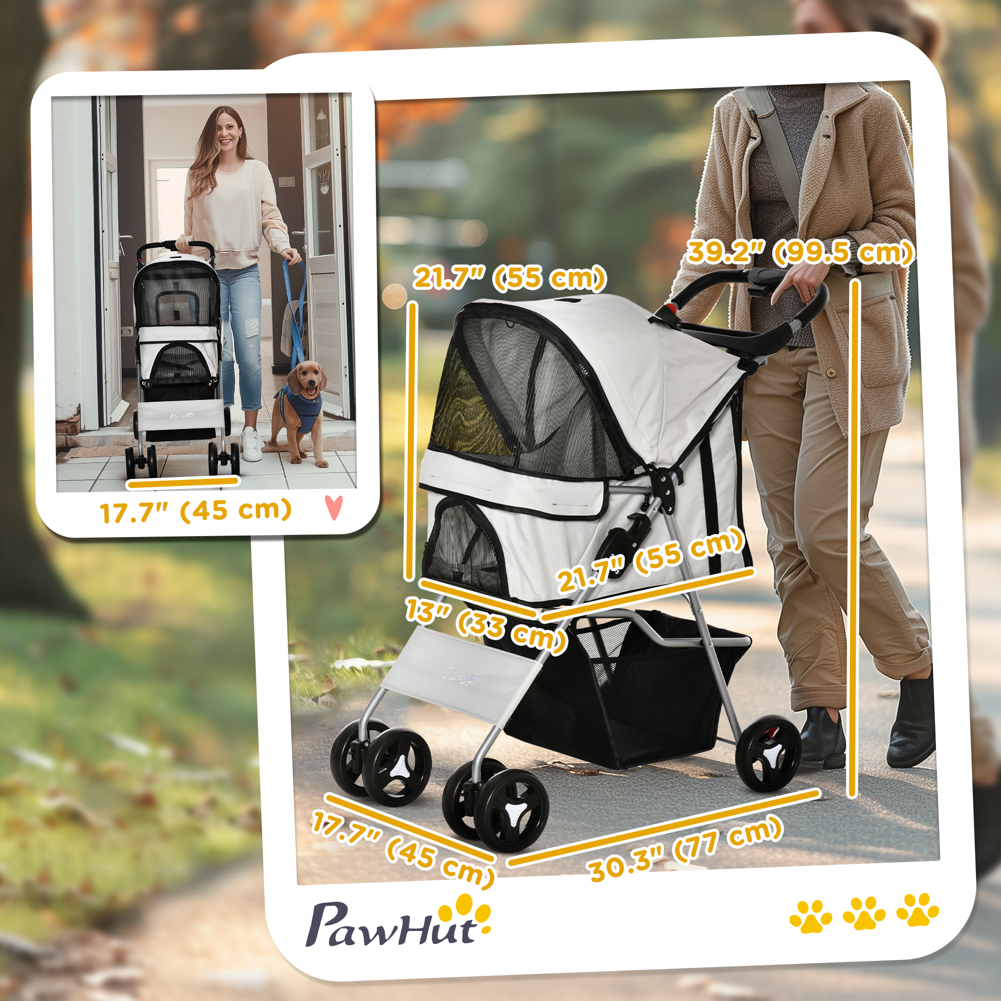 Cat Dog Stroller, One-click Foldable Pet Stroller w/Cup Holder, 4 Wheels Travel Carrier w/Brakes, 360° Swiveling Front Wheels, Storage Basket, for XS/Small Dogs Cats, Grey