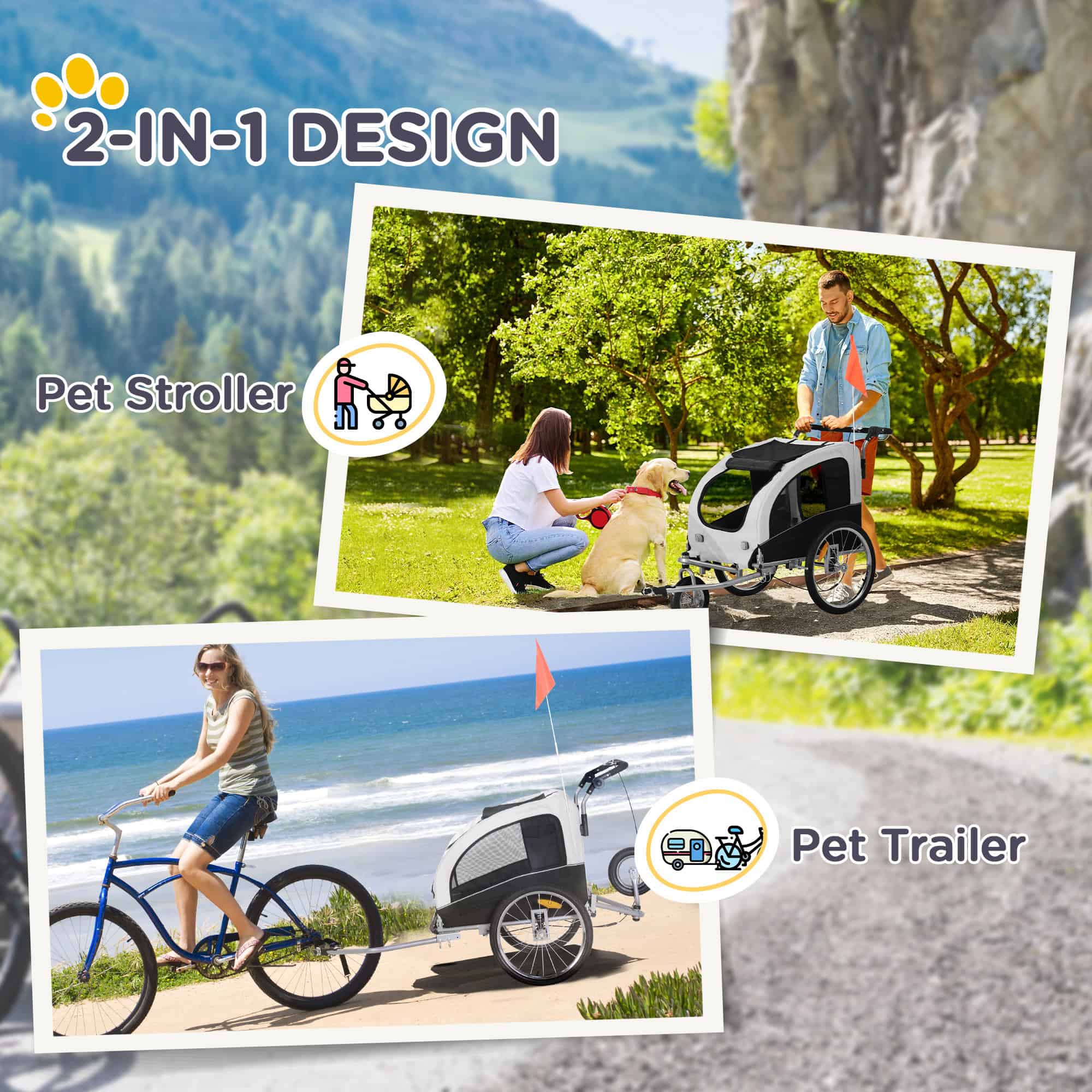 Elite II Dog Bike Trailer 2-In-1 Pet Stroller Cart Bicycle Wagon Cargo Carrier Attachment for Travel with Suspension and Storage Pockets, White
