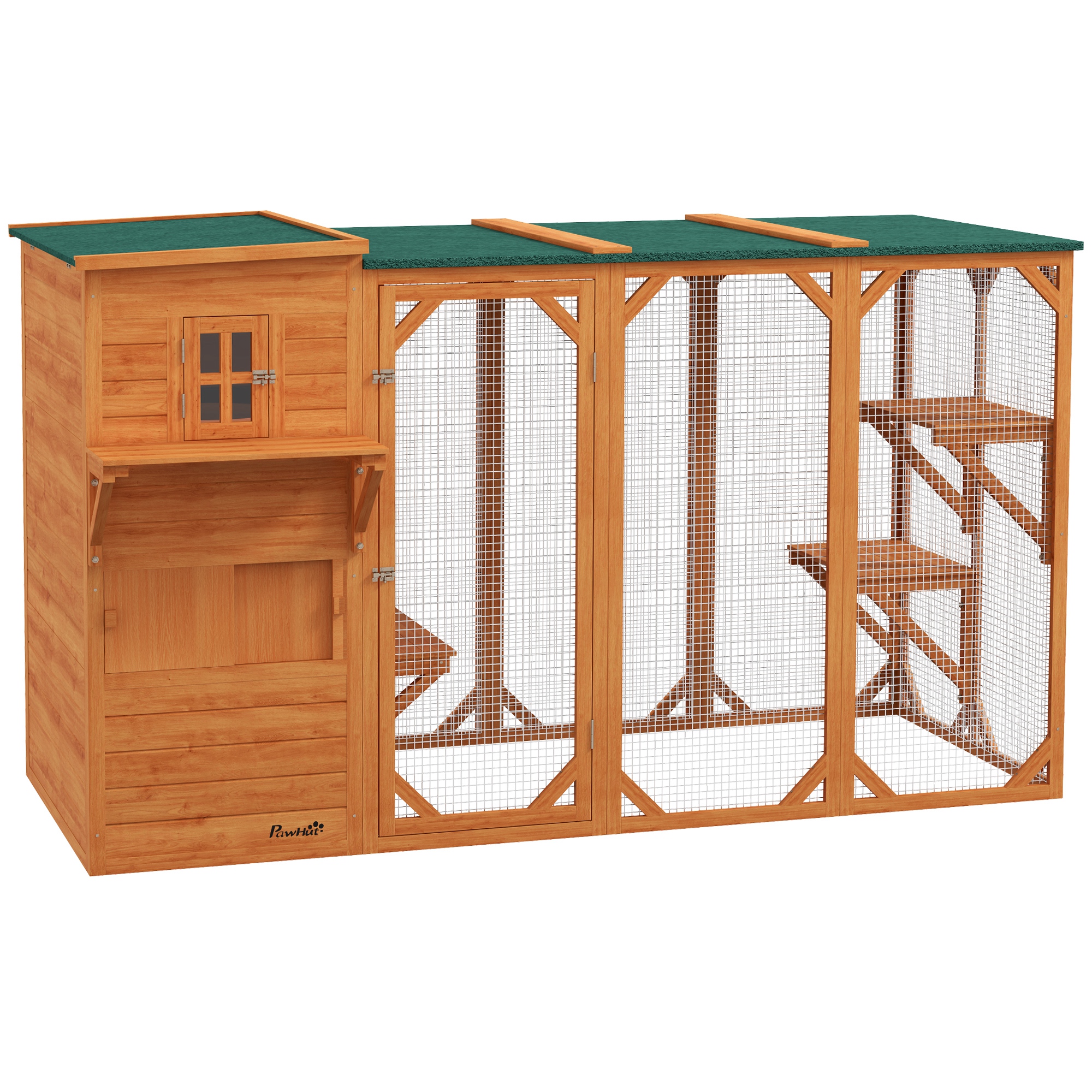 Wooden Cat Catio, 76"L Walk in Outdoor Cat House with Asphalt Roof, Platforms, Lockable Doors for 2-3 Cats, Orange