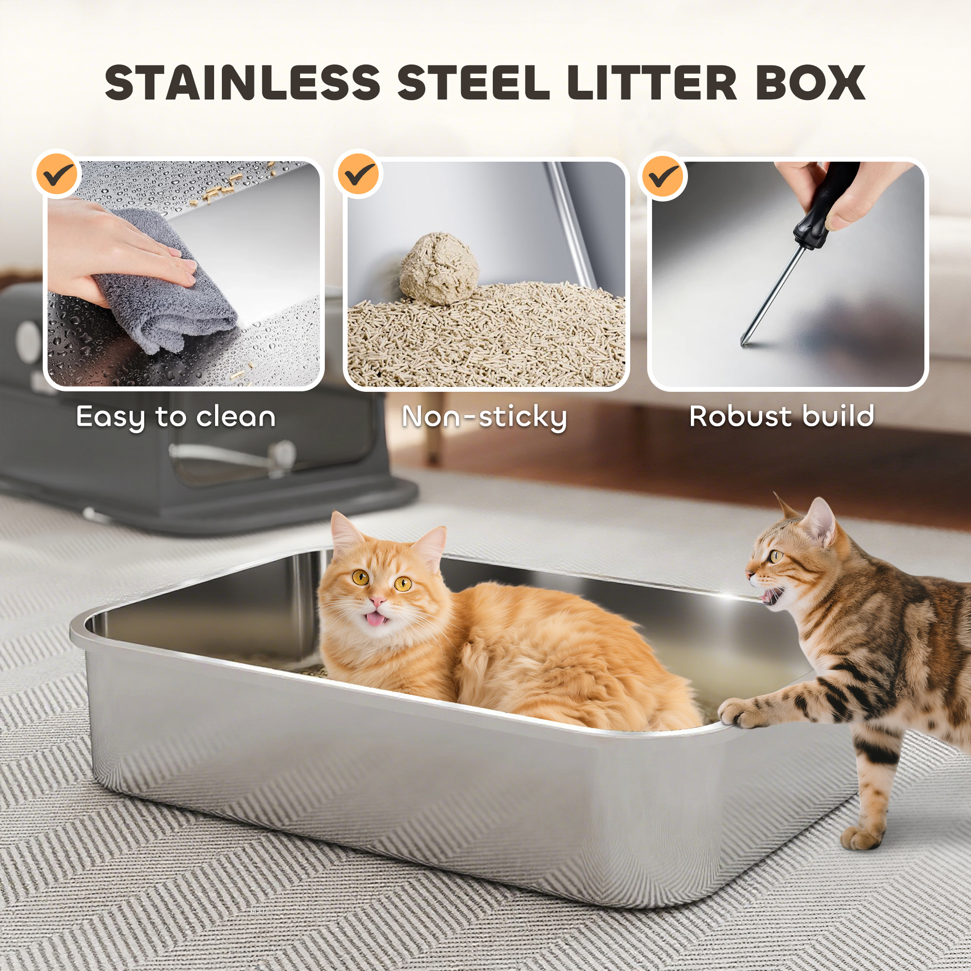 XXL Stainless Steel Cat Litter Tray, Enclosed Cat Litter Box for Big Cats with High Sides, Scoop, Easy Clean, Black
