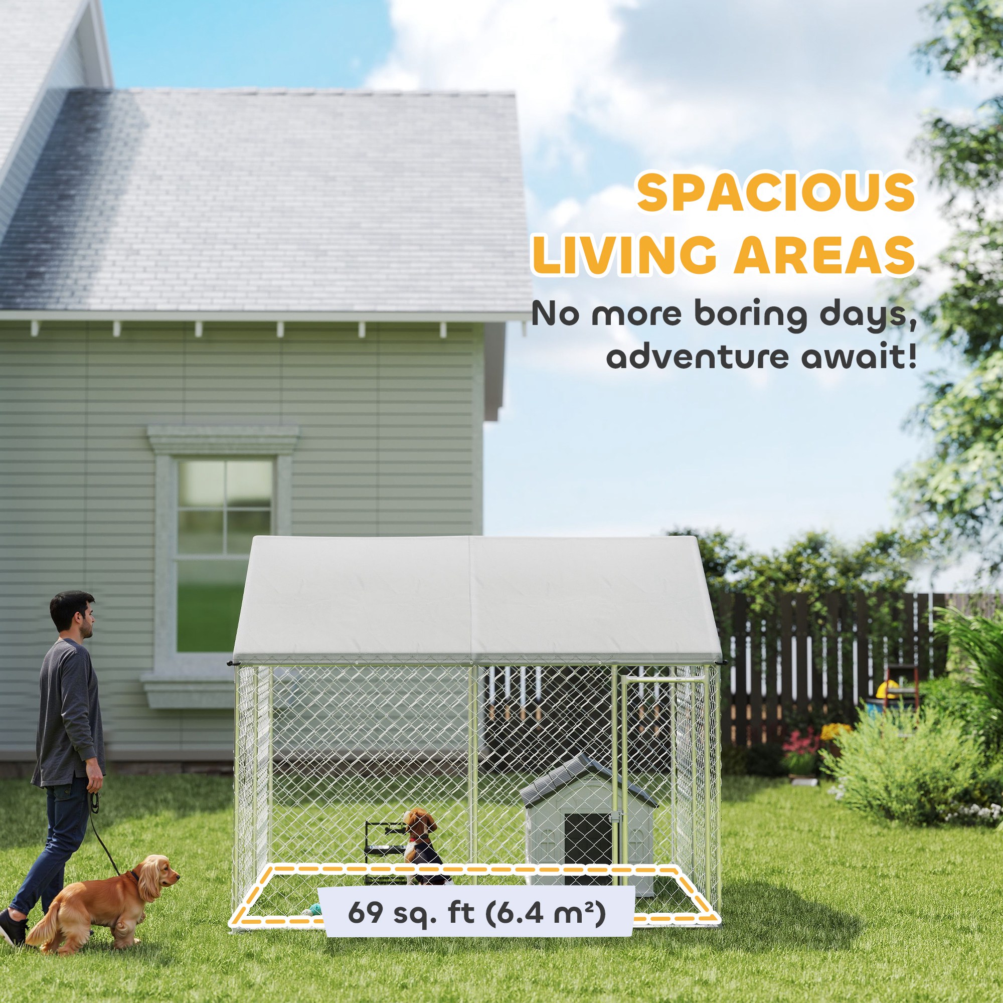 Heavy Duty Galvanized Steel Outdoor Dog Kennel with Waterproof Roof, Safety Lockable Latch System, 9.2' x 7.5' x 7.2'
