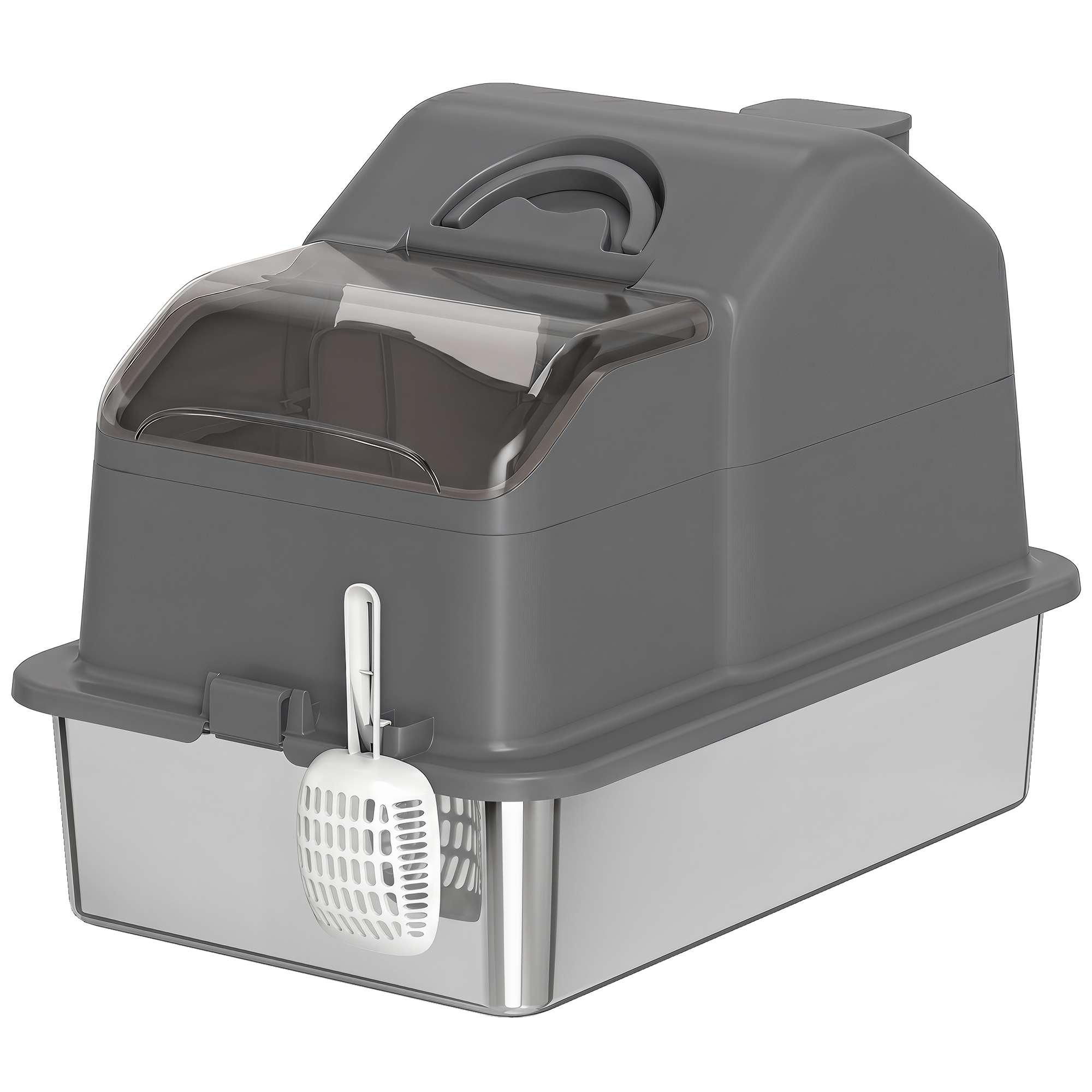 Extra Large Stainless Steel Cat Litter Box w/ High Sided, Removable Lid, Scoop, Odor Free, Non-Sticky, Dark Grey