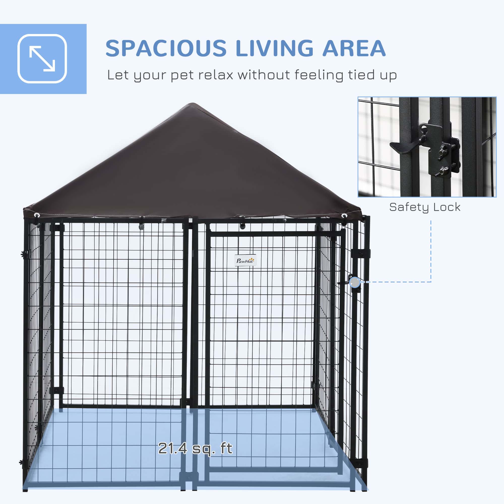 Outdoor Dog Kennel, Welded Wire Steel Fence, Lockable Pet Playpen Crate, with Water-, UV-Resistant Canopy Top, Door, 4.6ft x 4.6ft x 5ft, Black