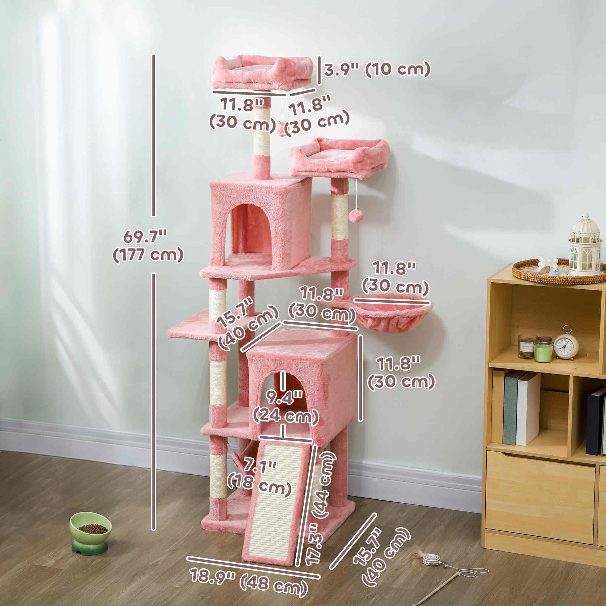 Cat Tree, 70" Multi-Level Cat Tower with 2 Condos, 2 Perches, Hammock, Toy Balls, Scratching Posts and Board, Pink