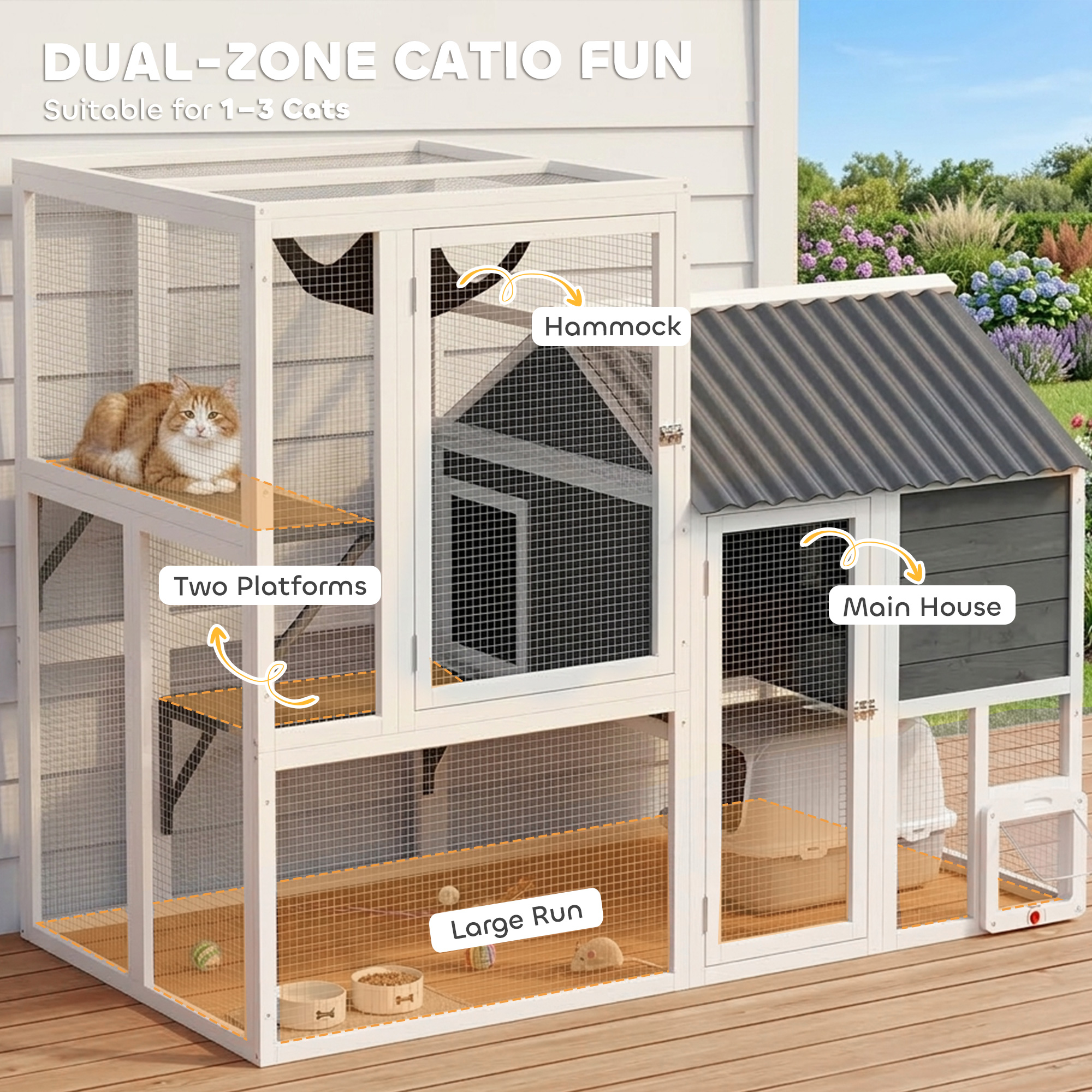 Catio Outdoor Cat Enclosure, 63" L Large Cat House with 4-Way Adjustable Door, Private House, Hammock, 2 Platforms