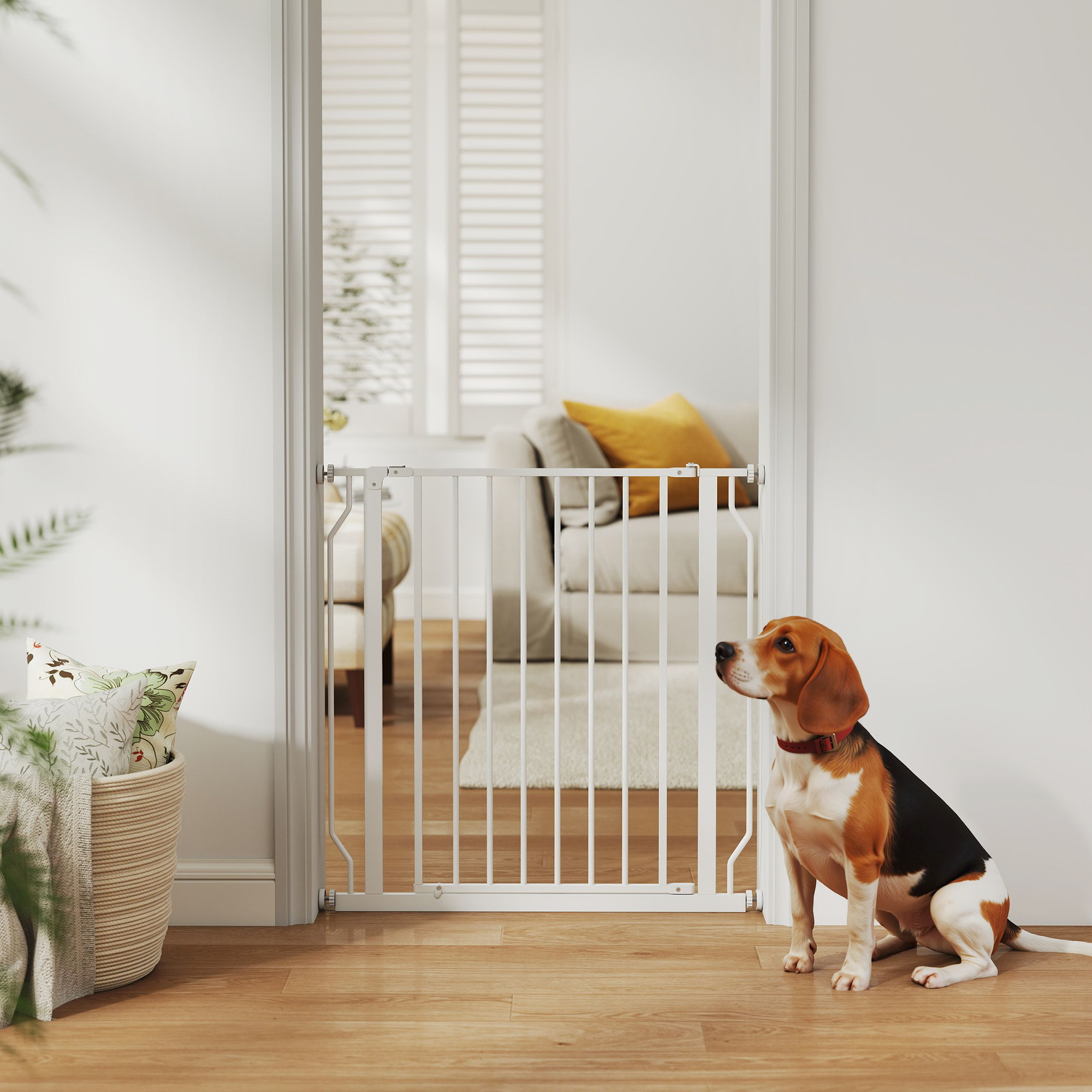 30"- 34" Easy Install Pet Gate w/ Door & Double Locking System, Extra Wide Dog Gate for Stairs, Hallways, White