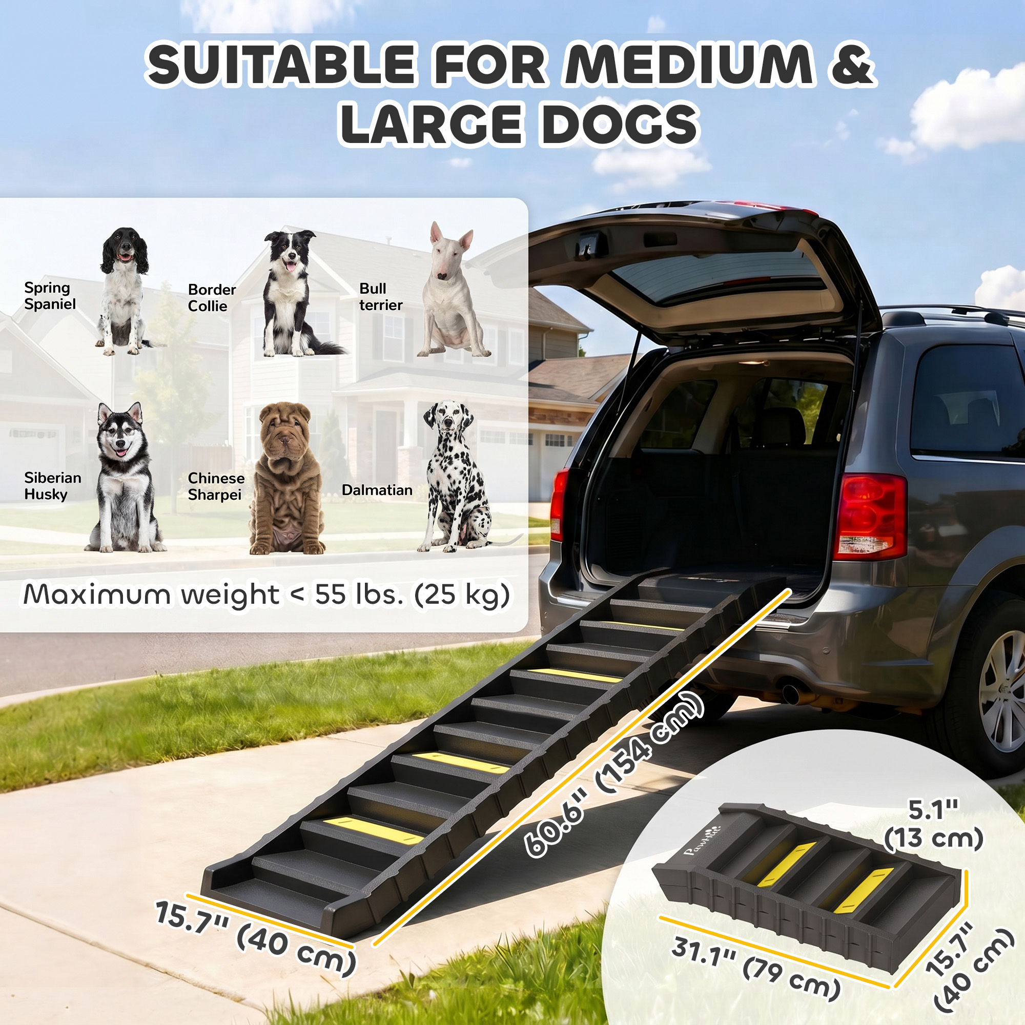 Foldable Dog Car Ramp, Dog Ramp with Anti-Slip Steps, Pet Stairs for Senior Pets to Access Cars and High Beds, Black