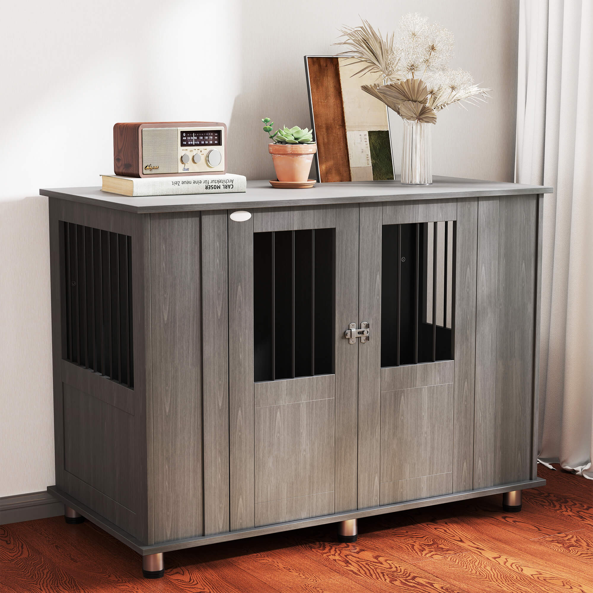 Dog Crate Furniture with Lockable Magnetic Door, Adjustable feet for Extra Large, Medium & Small Dogs, Indoor Use, Grey - Image 8