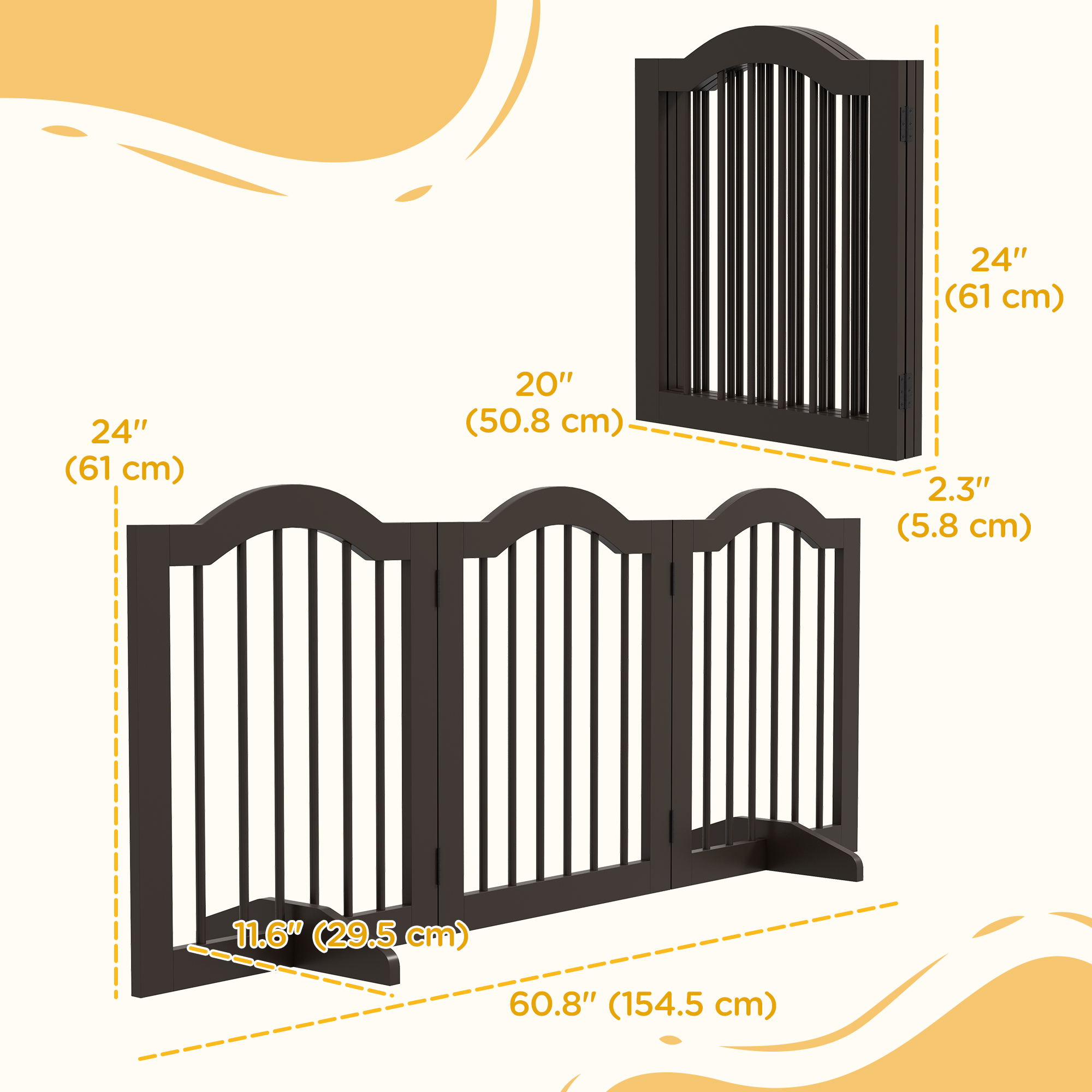 24" Freestanding Pet Gate For Dogs with 2 Support Feet, Coffee